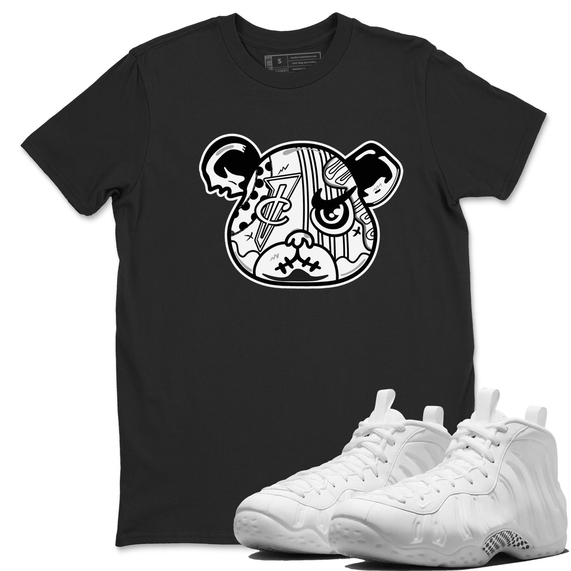 Sneaker Bear Face sneaker match t-shirt styled to complete your fit with the Air Foamposite One Triple White sneakers, shown in Black 1.