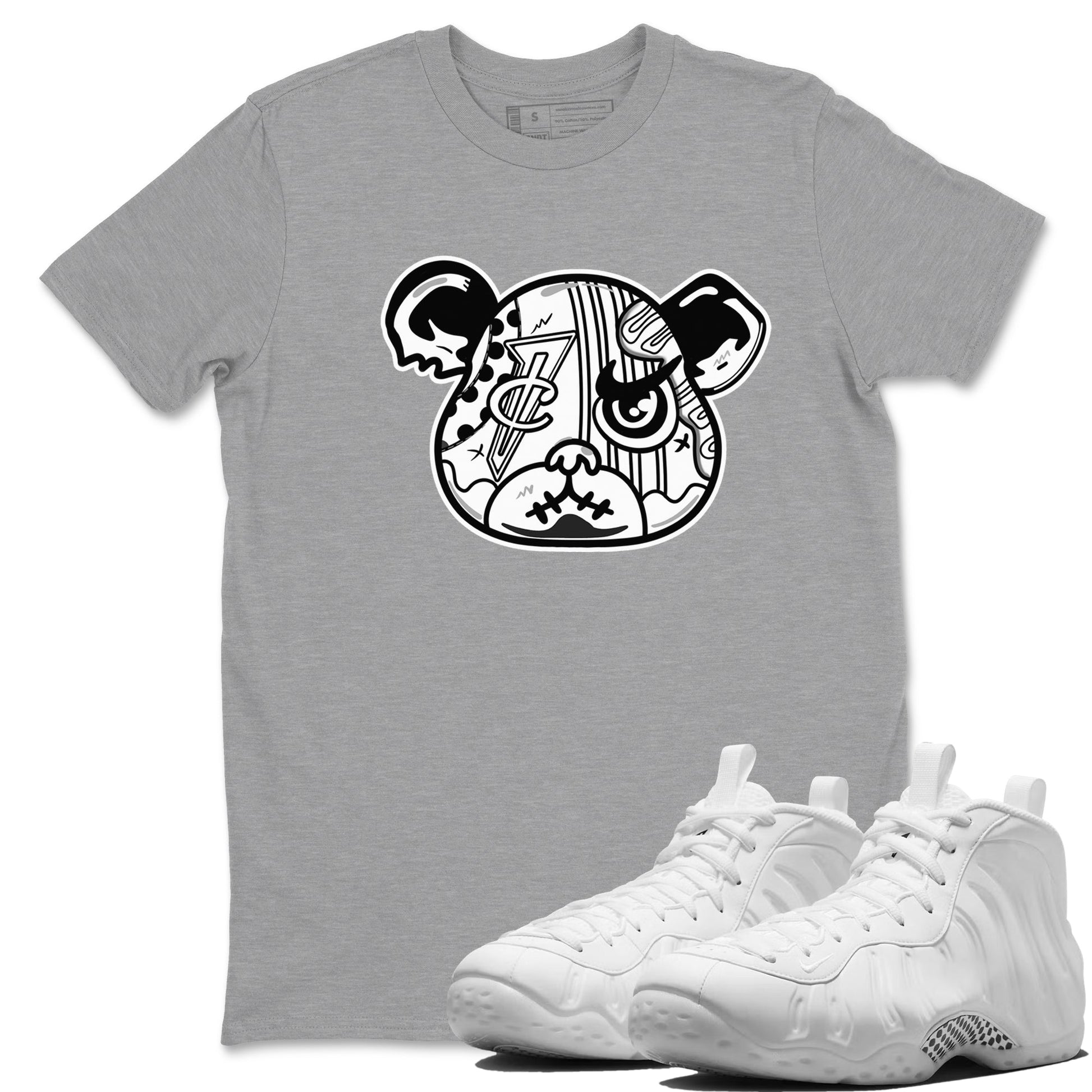 Sneaker Bear Face sneaker match t-shirt styled to complete your fit with the Air Foamposite One Triple White sneakers, shown in Heather Grey 1.