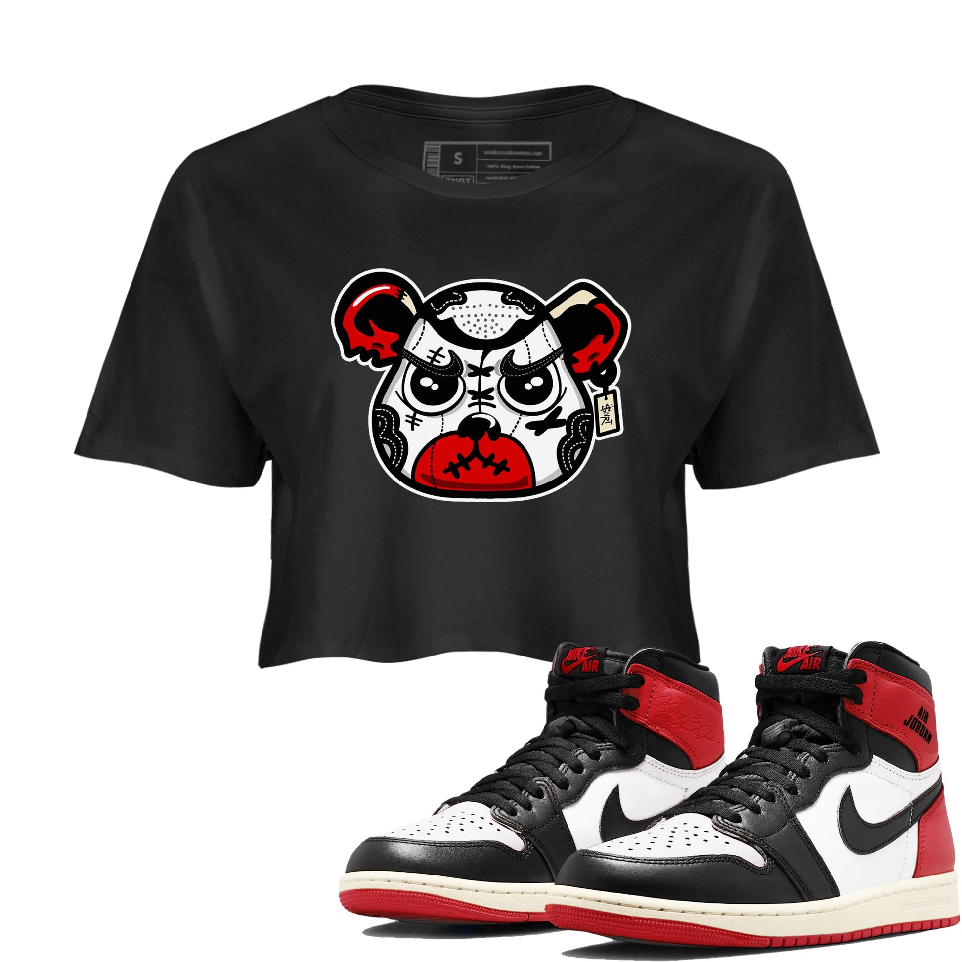 1s Black Toe Reimagined shirts to match jordans Sneaker Bear Face sneaker match tees Air Jordan 1 Black Toe Reimagined match shoes to clothes SNRT Sneaker Tees unisex cotton Black 1 crop tee