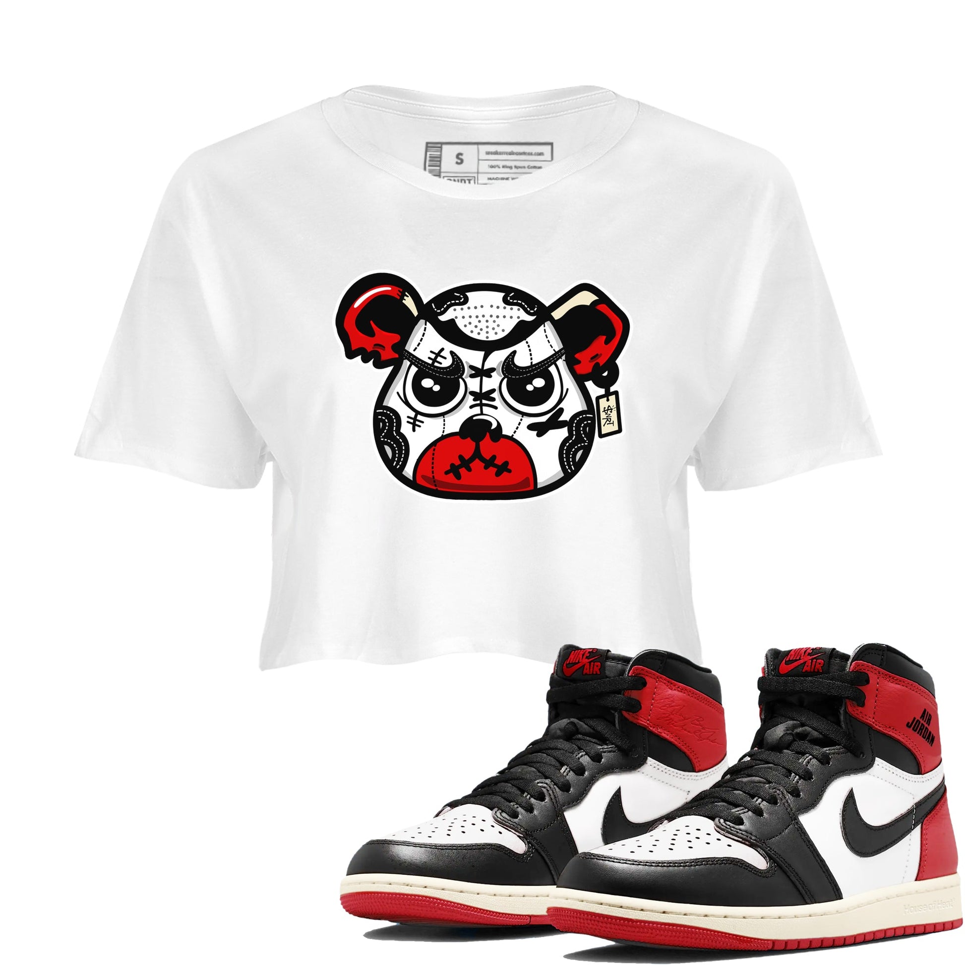 1s Black Toe Reimagined shirts to match jordans Sneaker Bear Face sneaker match tees Air Jordan 1 Black Toe Reimagined match shoes to clothes SNRT Sneaker Tees unisex cotton White 1 crop tee