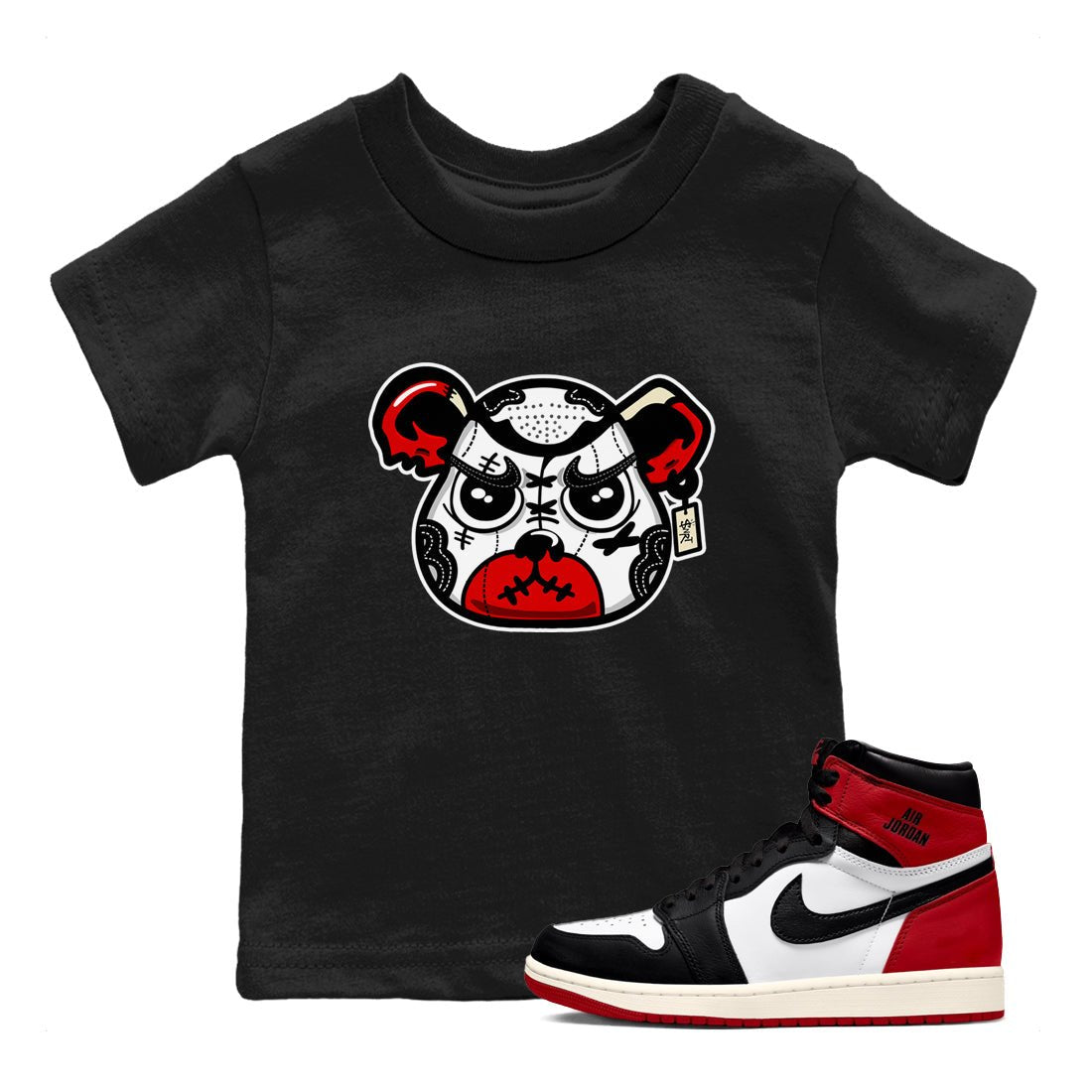 1s Black Toe Reimagined shirts to match jordans Sneaker Bear Face sneaker match tees Air Jordan 1 Black Toe Reimagined match shoes to clothes SNRT Sneaker Tees Youth Baby Black 1 tee