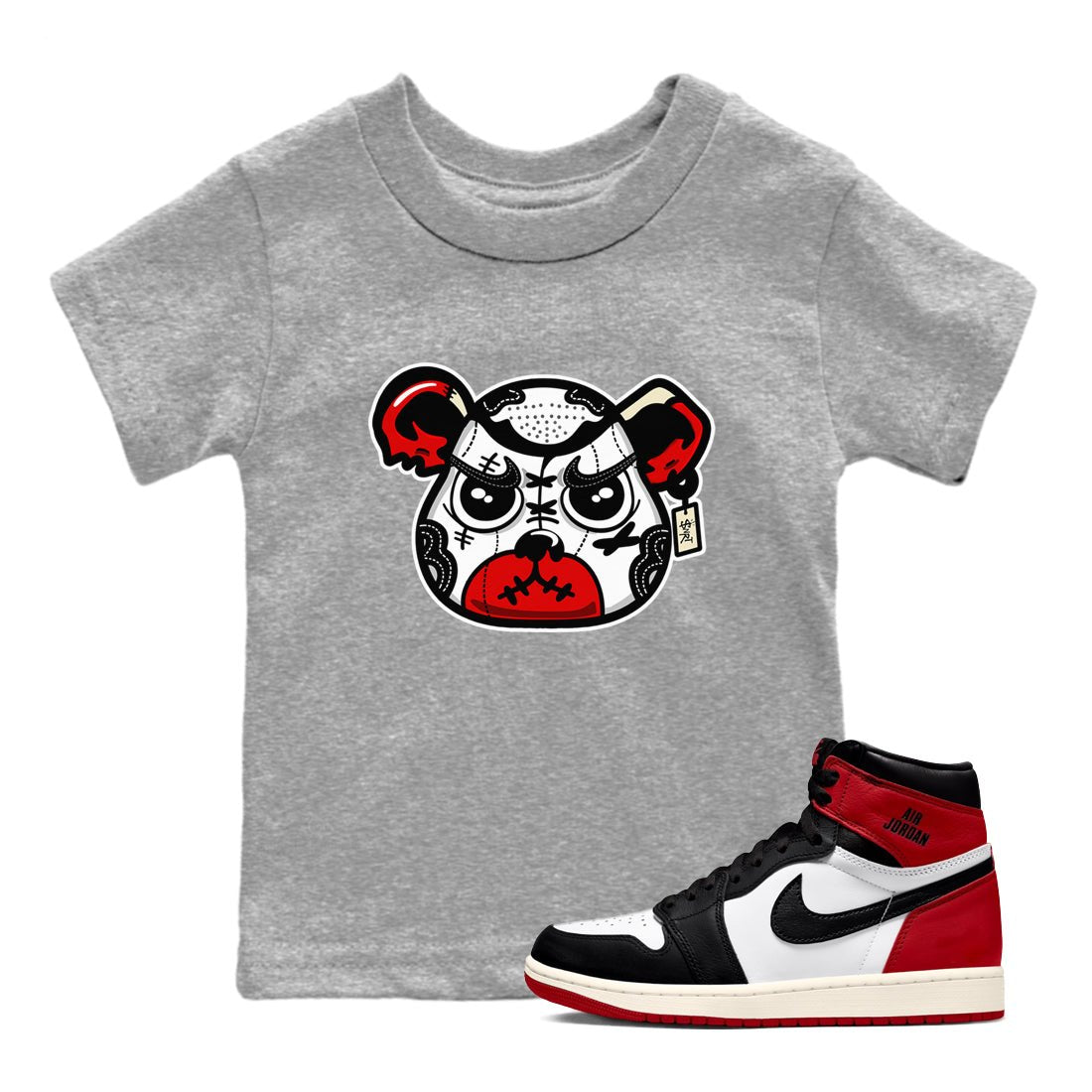 1s Black Toe Reimagined shirts to match jordans Sneaker Bear Face sneaker match tees Air Jordan 1 Black Toe Reimagined match shoes to clothes SNRT Sneaker Tees Youth Baby Heather Grey 1 tee