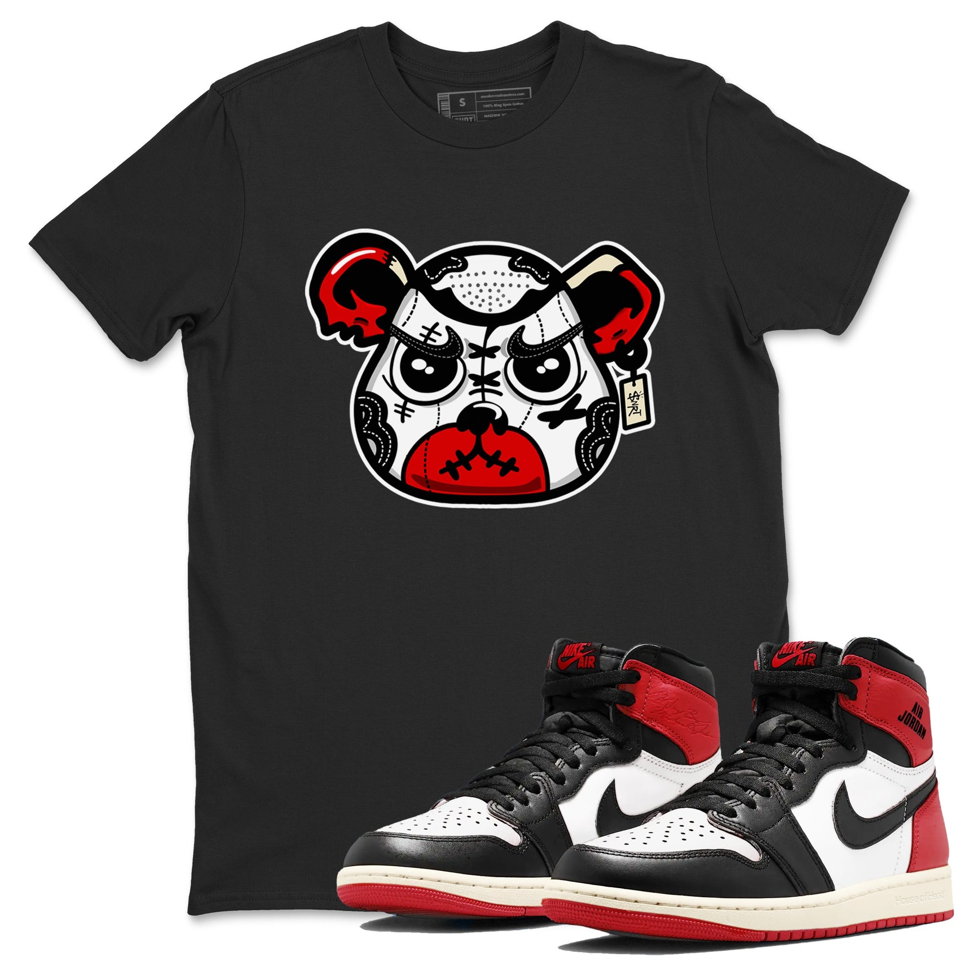 1s Black Toe Reimagined shirts to match jordans Sneaker Bear Face sneaker match tees Air Jordan 1 Black Toe Reimagined match shoes to clothes SNRT Sneaker Tees unisex cotton Black 1 shirts