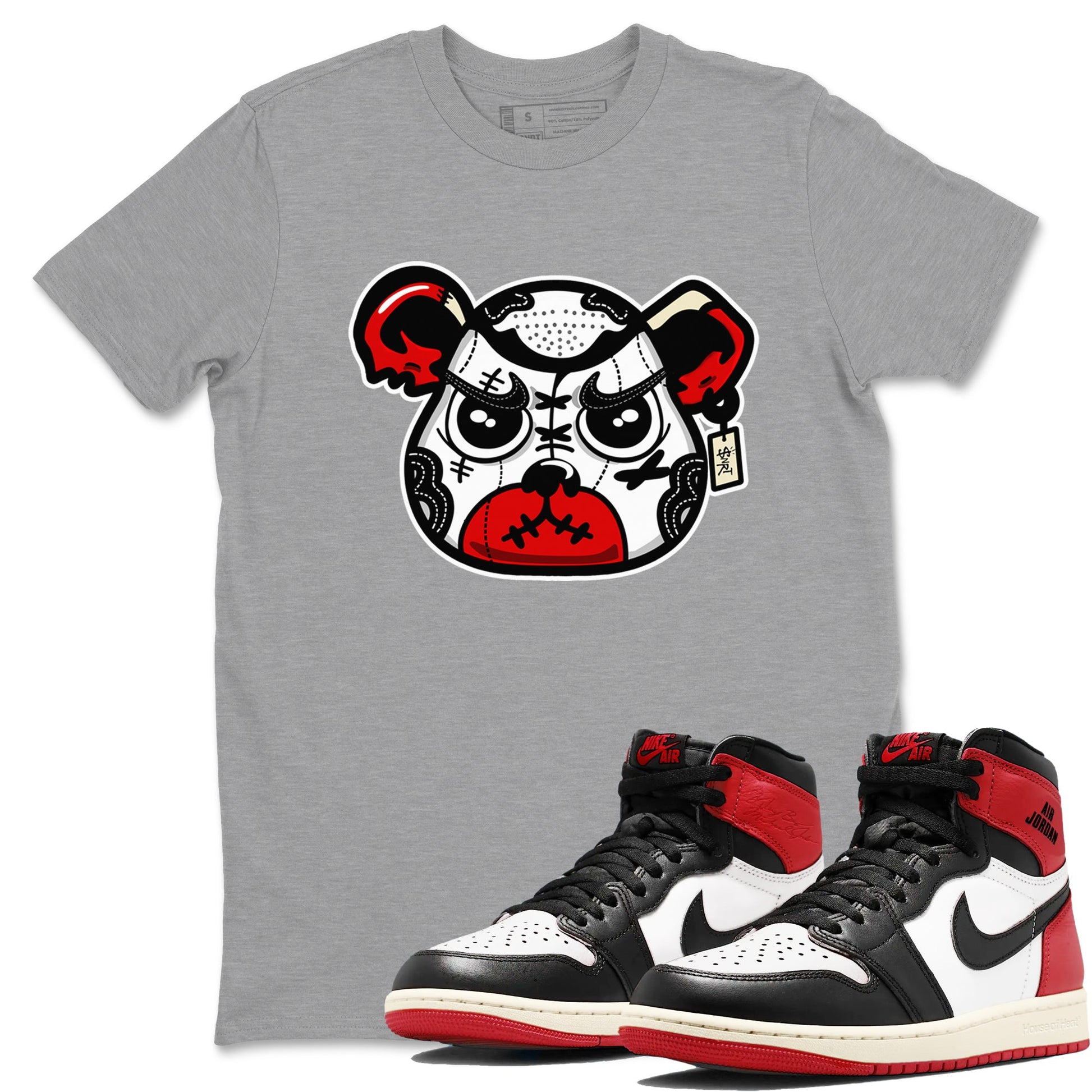 1s Black Toe Reimagined shirts to match jordans Sneaker Bear Face sneaker match tees Air Jordan 1 Black Toe Reimagined match shoes to clothes SNRT Sneaker Tees unisex cotton Heather Grey 1 shirts