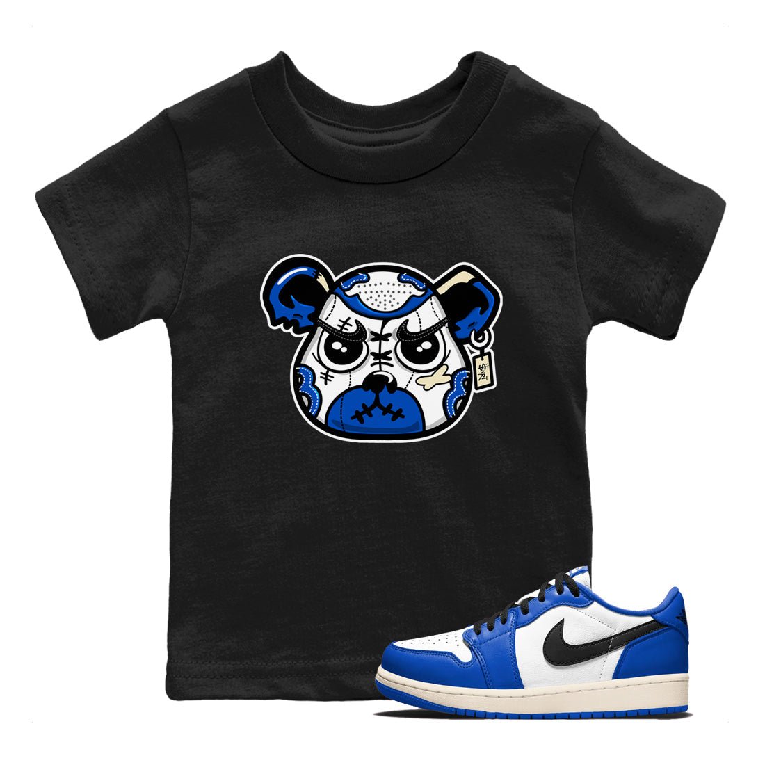 1s Game Royal shirts to match jordans Sneaker Bear Face sneaker match tees Air Jordan 1 Retro Low OG Game Royal match shoes to clothes SNRT Sneaker Tees Youth Baby Black 1 tee