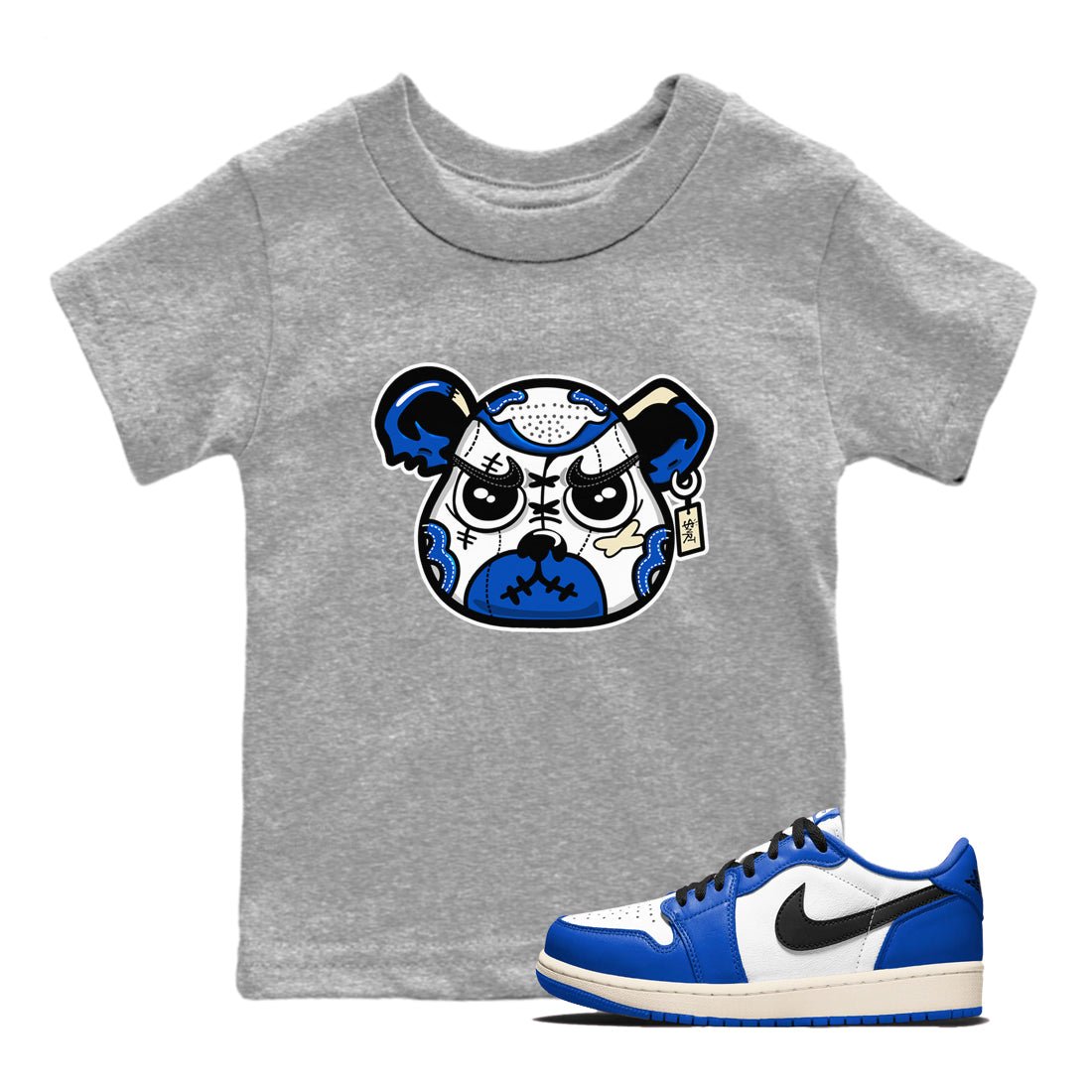 1s Game Royal shirts to match jordans Sneaker Bear Face sneaker match tees Air Jordan 1 Retro Low OG Game Royal match shoes to clothes SNRT Sneaker Tees Youth Baby Heather Grey 1 tee
