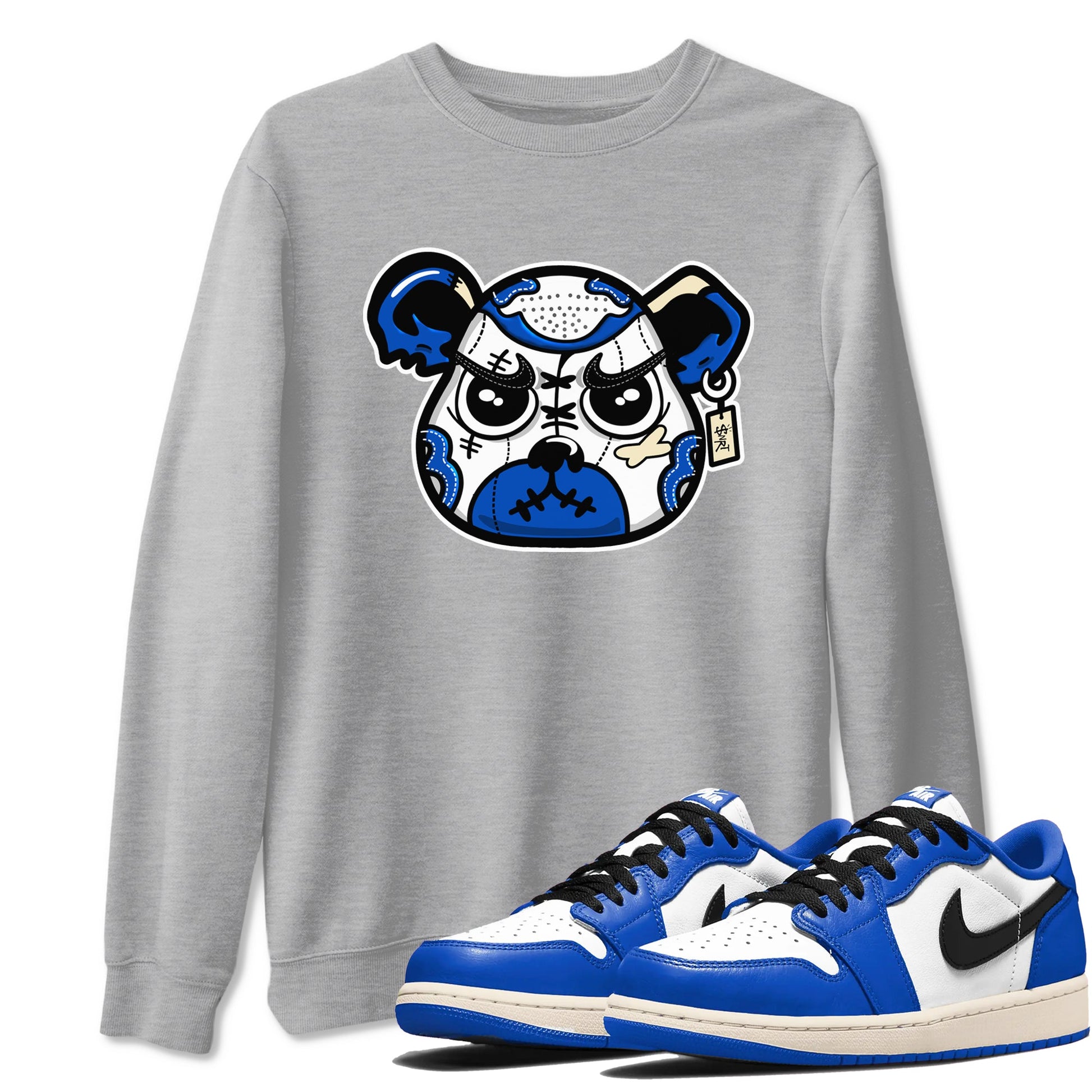 1s Game Royal shirts to match jordans Sneaker Bear Face sneaker match tees Air Jordan 1 Retro Low OG Game Royal match shoes to clothes SNRT Sneaker Tees unisex cotton Heather Grey 1 shirts
