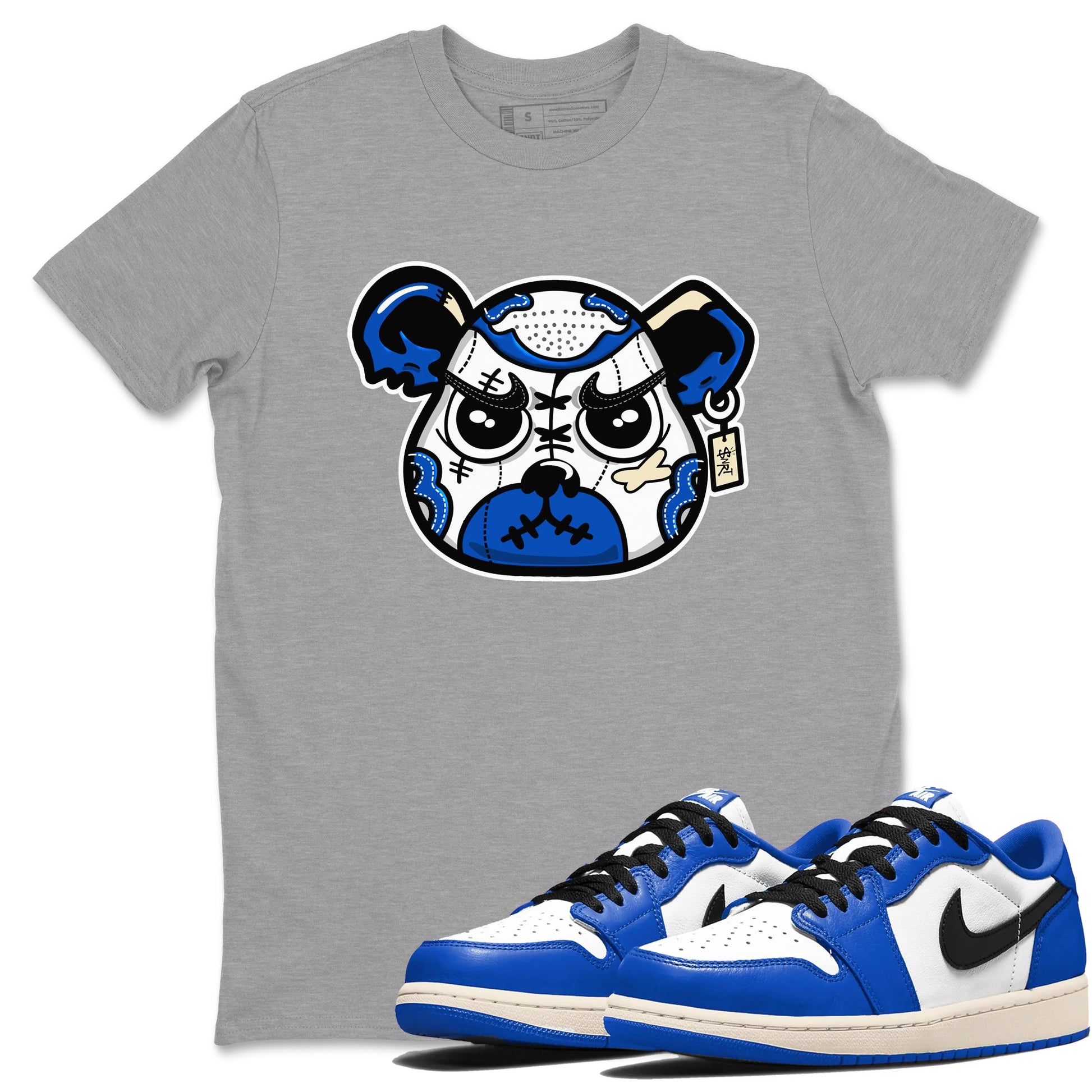 1s Game Royal shirts to match jordans Sneaker Bear Face sneaker match tees Air Jordan 1 Retro Low OG Game Royal match shoes to clothes SNRT Sneaker Tees unisex cotton Heather Grey 1 shirts