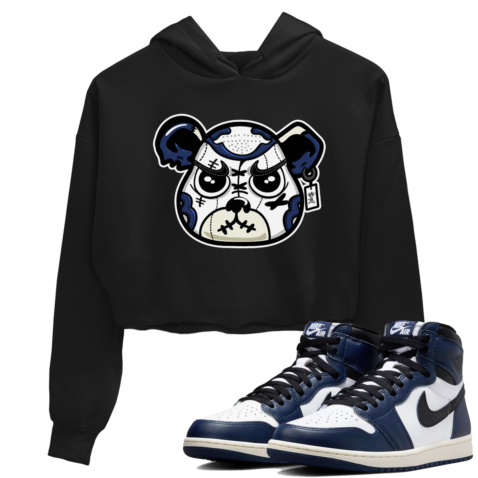 1s Midnight Navy shirts to match jordans Sneaker Bear Face sneaker match tees Air Jordan 1 Midnight Navy match shoes to clothes SNRT Sneaker Tees unisex cotton Black 1 crop tee