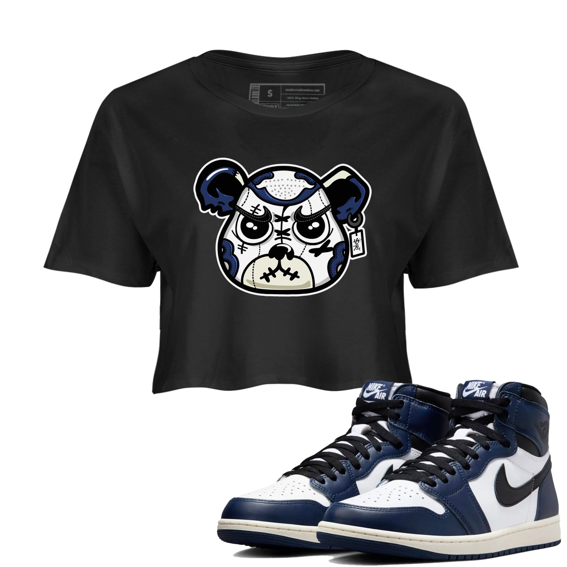 1s Midnight Navy shirts to match jordans Sneaker Bear Face sneaker match tees Air Jordan 1 Midnight Navy match shoes to clothes SNRT Sneaker Tees unisex cotton Black 1 crop tee