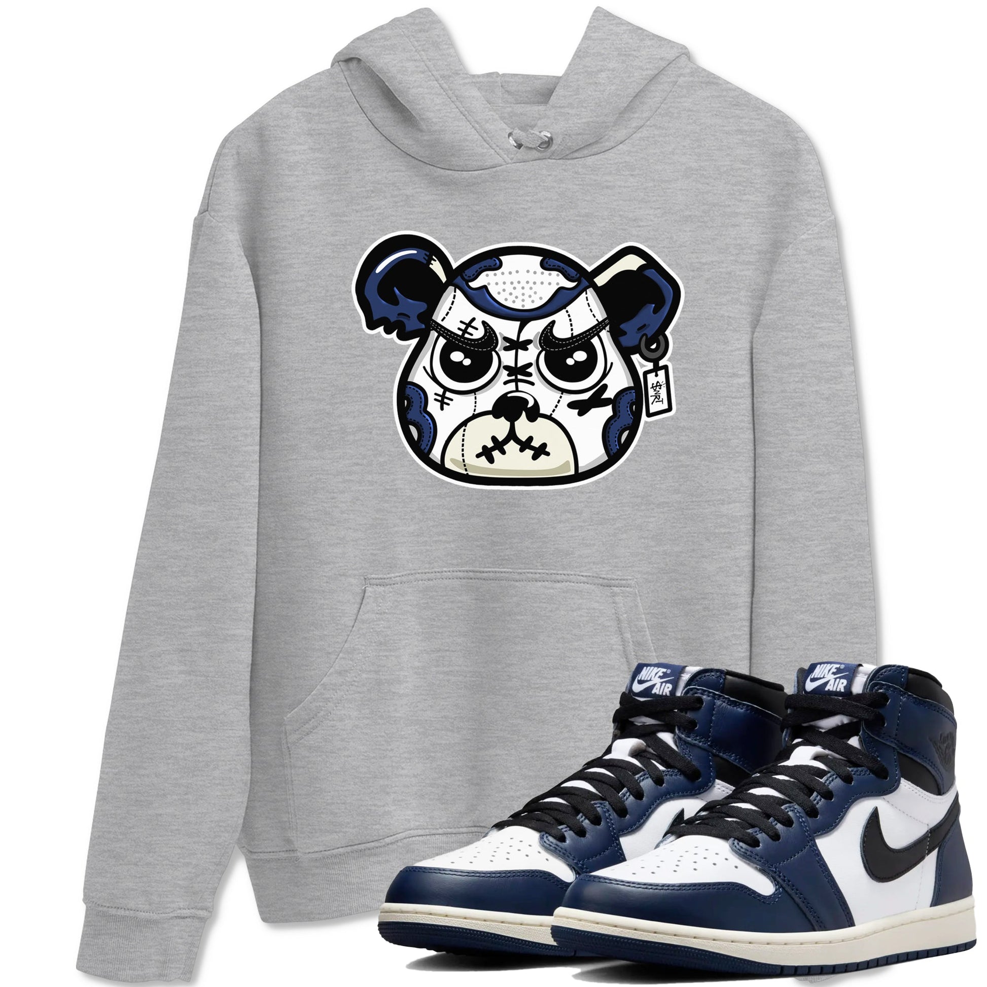 1s Midnight Navy shirts to match jordans Sneaker Bear Face sneaker match tees Air Jordan 1 Midnight Navy match shoes to clothes SNRT Sneaker Tees unisex cotton Heather Grey 1 shirts