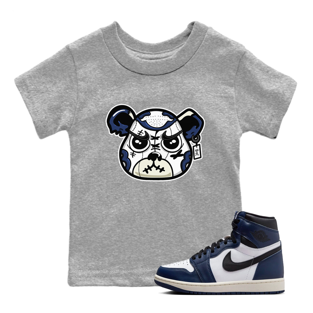 1s Midnight Navy shirts to match jordans Sneaker Bear Face sneaker match tees Air Jordan 1 Midnight Navy match shoes to clothes SNRT Sneaker Tees Youth Baby Heather Grey 1 tee