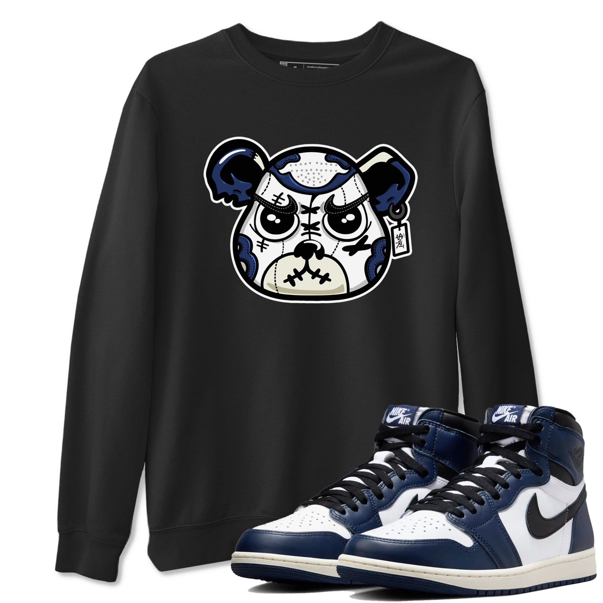 1s Midnight Navy shirts to match jordans Sneaker Bear Face sneaker match tees Air Jordan 1 Midnight Navy match shoes to clothes SNRT Sneaker Tees unisex cotton Black 1 shirts