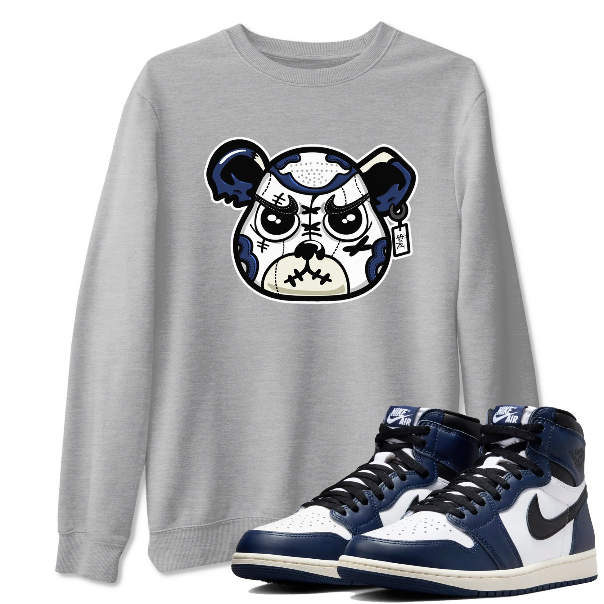 1s Midnight Navy shirts to match jordans Sneaker Bear Face sneaker match tees Air Jordan 1 Midnight Navy match shoes to clothes SNRT Sneaker Tees unisex cotton Heather Grey 1 shirts