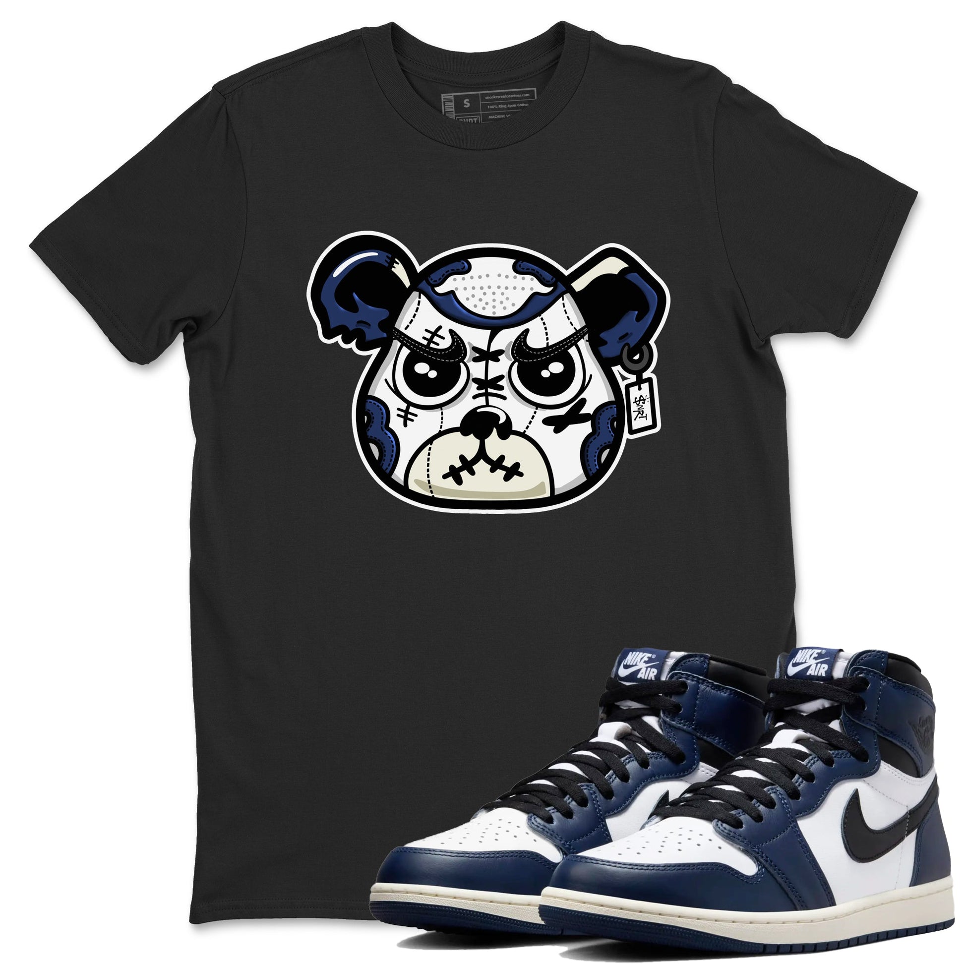 1s Midnight Navy shirts to match jordans Sneaker Bear Face sneaker match tees Air Jordan 1 Midnight Navy match shoes to clothes SNRT Sneaker Tees unisex cotton Black 1 shirts