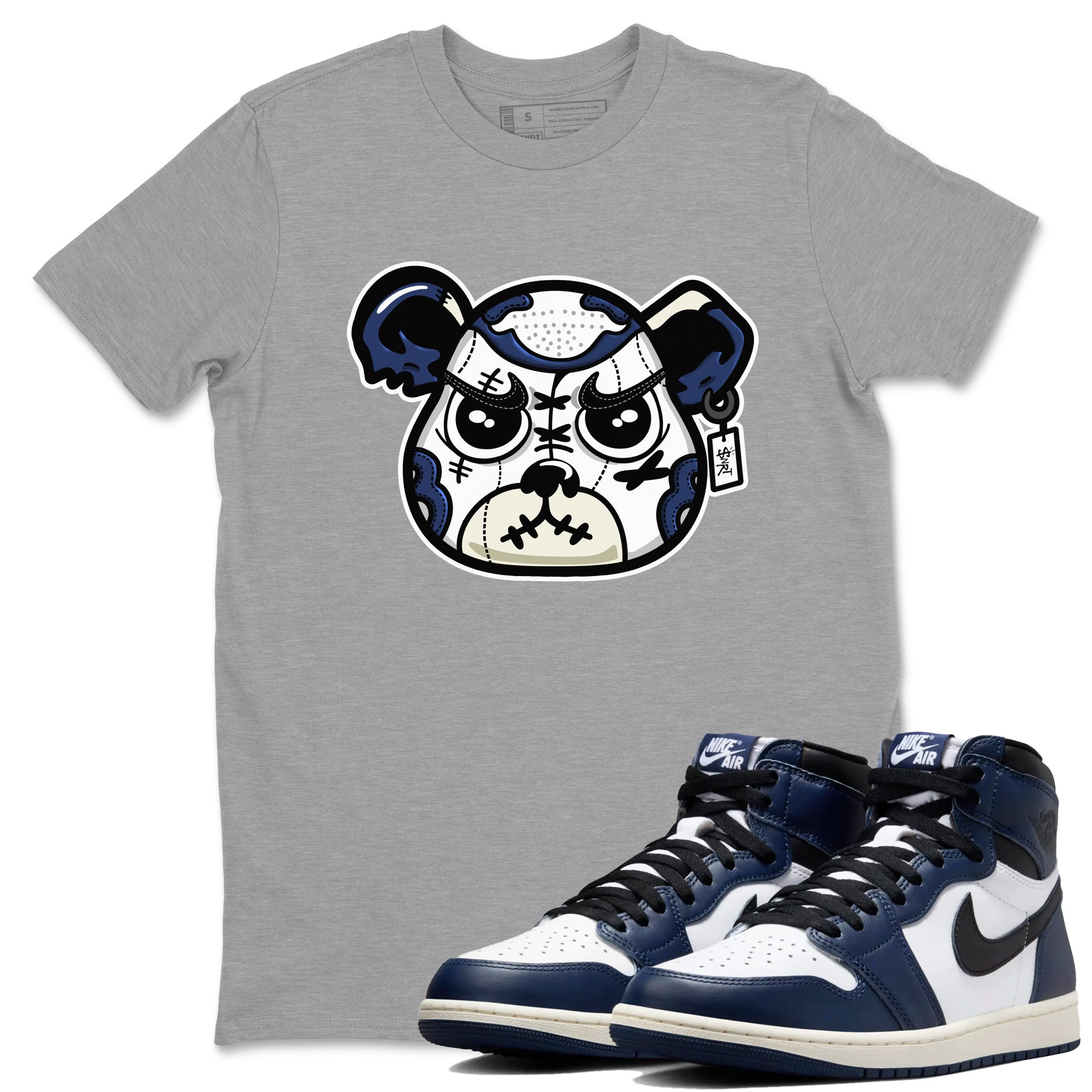 1s Midnight Navy shirts to match jordans Sneaker Bear Face sneaker match tees Air Jordan 1 Midnight Navy match shoes to clothes SNRT Sneaker Tees unisex cotton Heather Grey 1 shirts