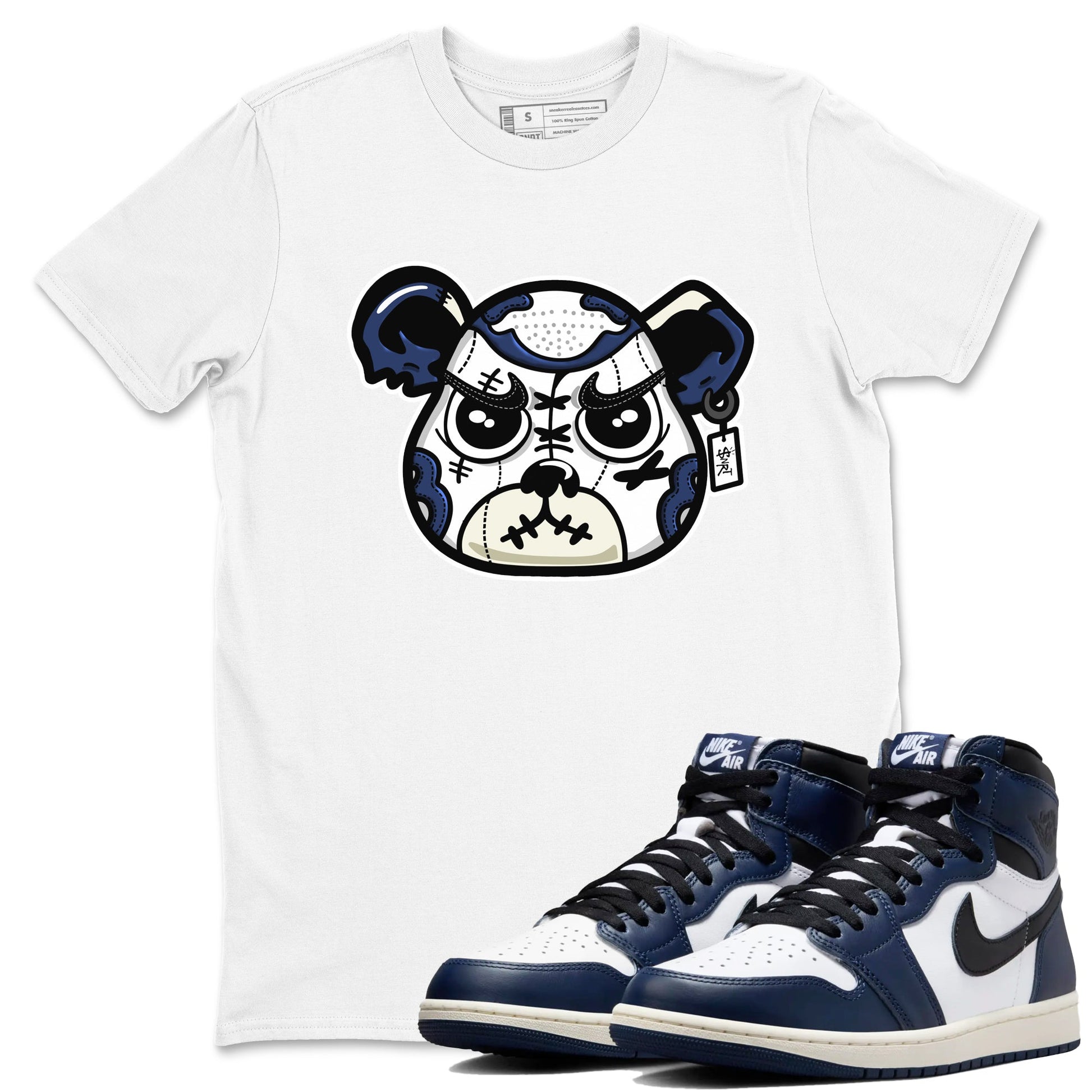 1s Midnight Navy shirts to match jordans Sneaker Bear Face sneaker match tees Air Jordan 1 Midnight Navy match shoes to clothes SNRT Sneaker Tees unisex cotton White 1 shirts