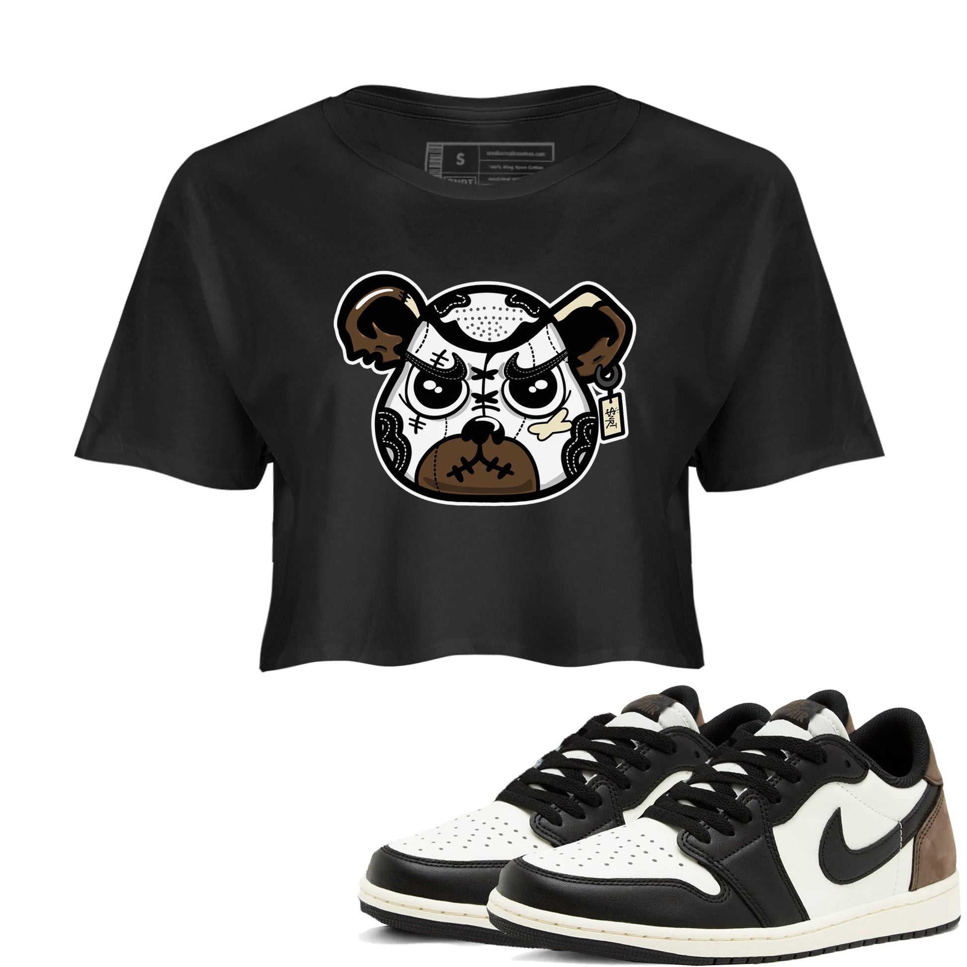 1s Mocha shirts to match jordans Sneaker Bear Face sneaker match tees Air Jordan 1 Mocha match shoes to clothes SNRT Sneaker Tees unisex cotton Black 1 crop tee