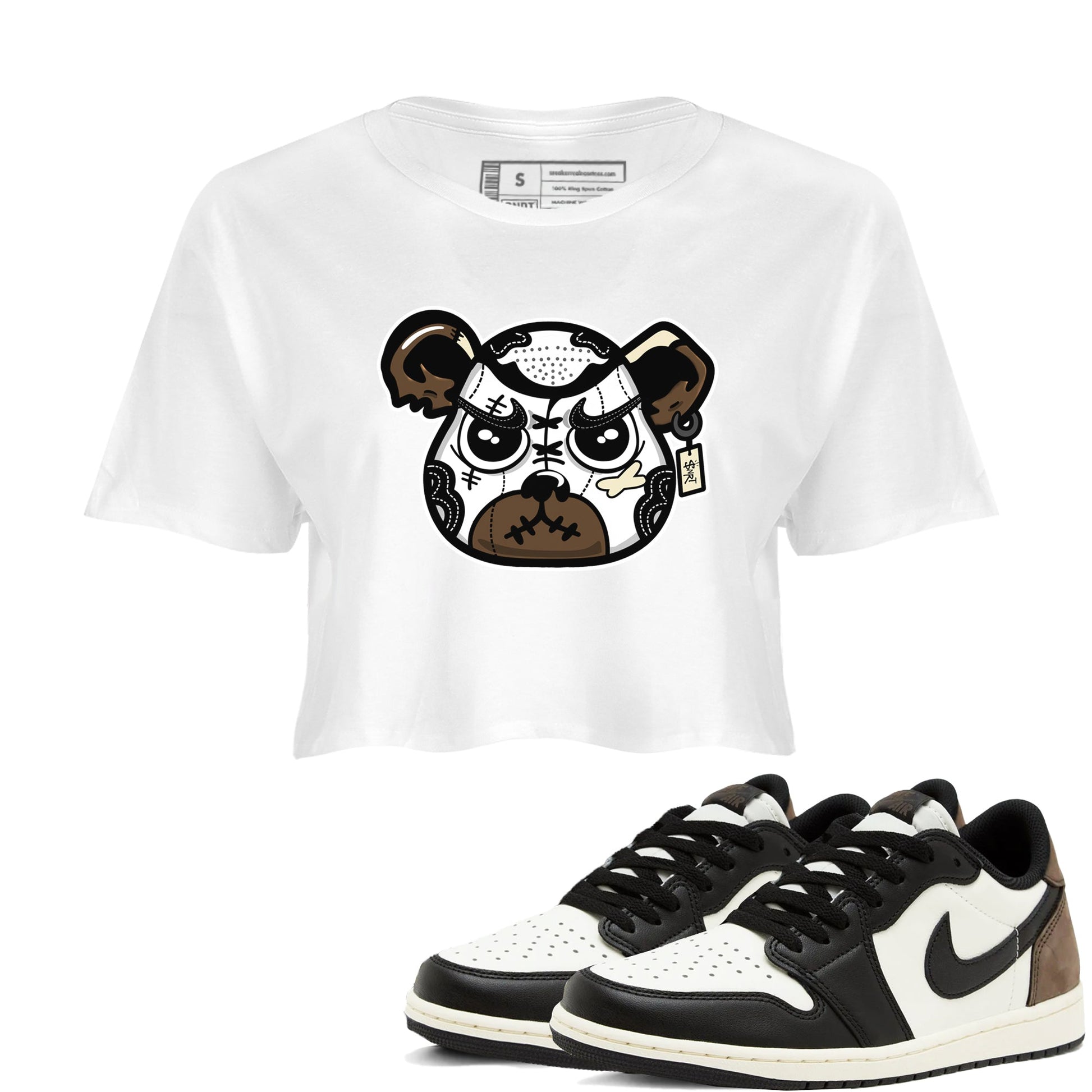 1s Mocha shirts to match jordans Sneaker Bear Face sneaker match tees Air Jordan 1 Mocha match shoes to clothes SNRT Sneaker Tees unisex cotton White 1 crop tee