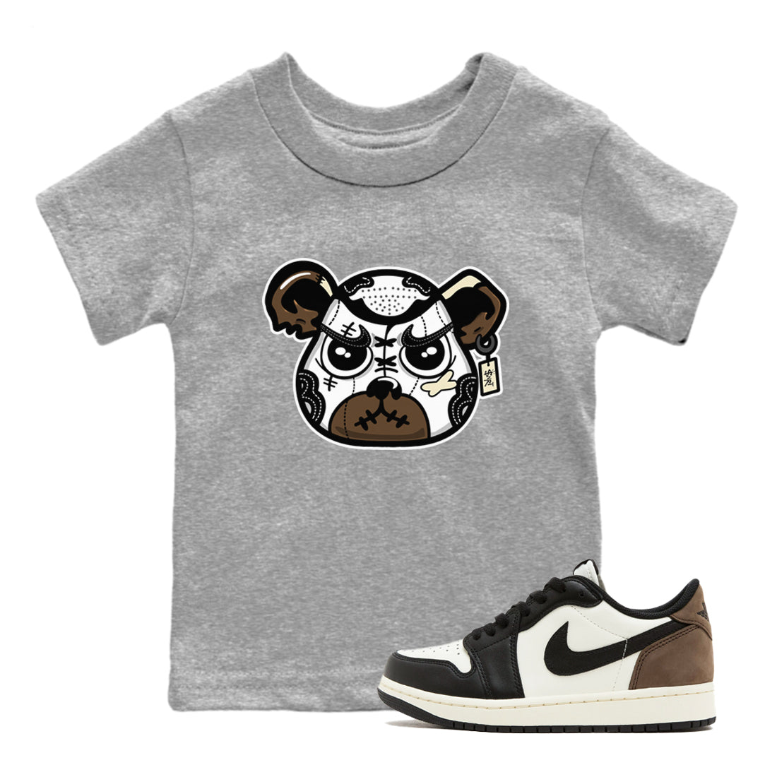 1s Mocha shirts to match jordans Sneaker Bear Face sneaker match tees Air Jordan 1 Mocha match shoes to clothes SNRT Sneaker Tees Youth Baby Heather Grey 1 tee