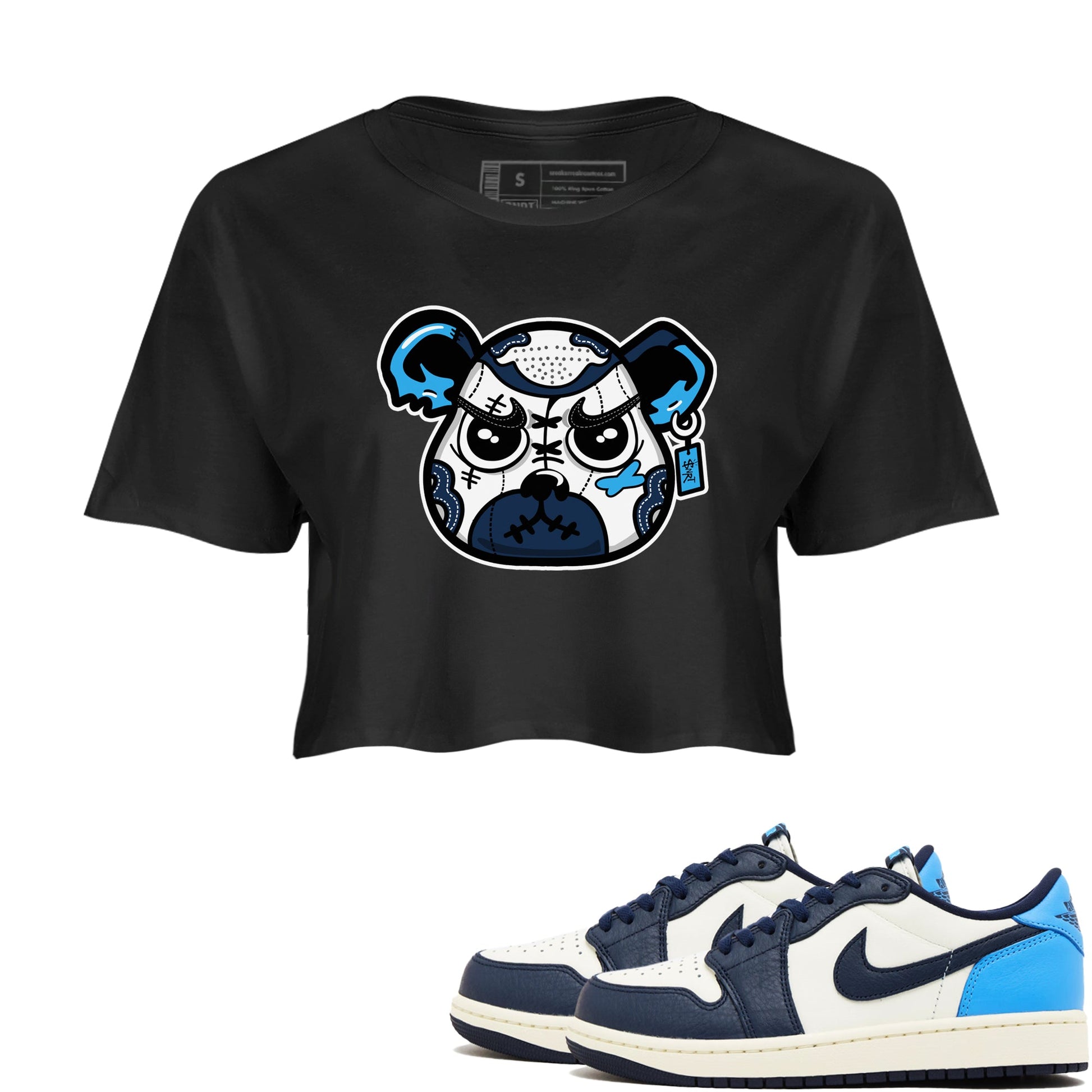 1s Obsidian shirts to match jordans Sneaker Bear Face shirts to match Jordans AJ1 Retro Low OG Obsidian match shoes to clothes SNRT Sneaker Tees unisex cotton Black 1 crop tee