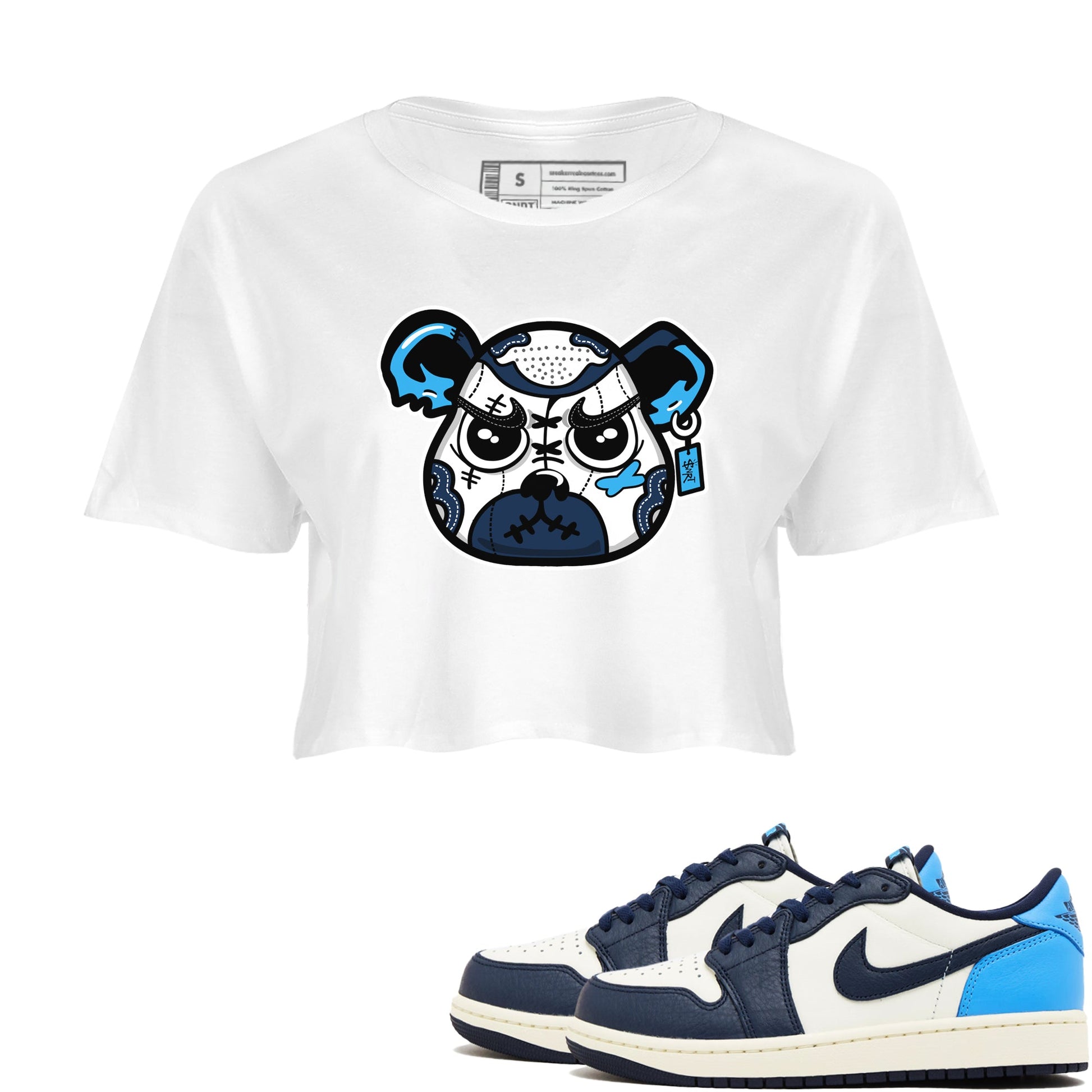1s Obsidian shirts to match jordans Sneaker Bear Face shirts to match Jordans AJ1 Retro Low OG Obsidian match shoes to clothes SNRT Sneaker Tees unisex cotton White 1 crop tee