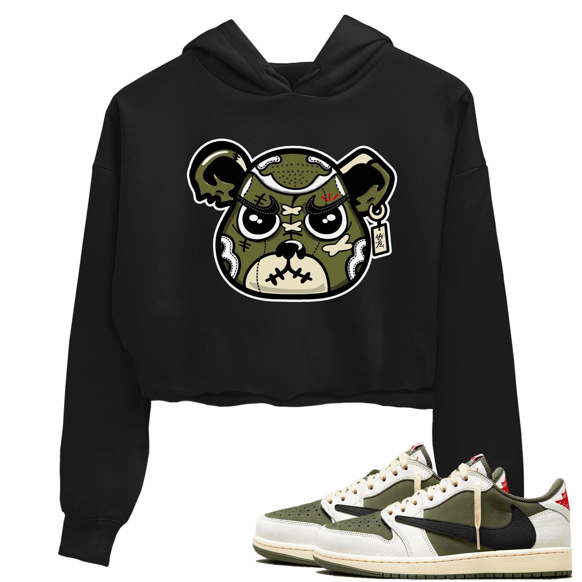 1s Travis Scott Medium Olive shirts to match jordans Sneaker Bear Face sneaker match tees Air Jordan 1 Travis Scott Medium Olive match shoes to clothes SNRT Sneaker Tees unisex cotton Black 1 crop tee