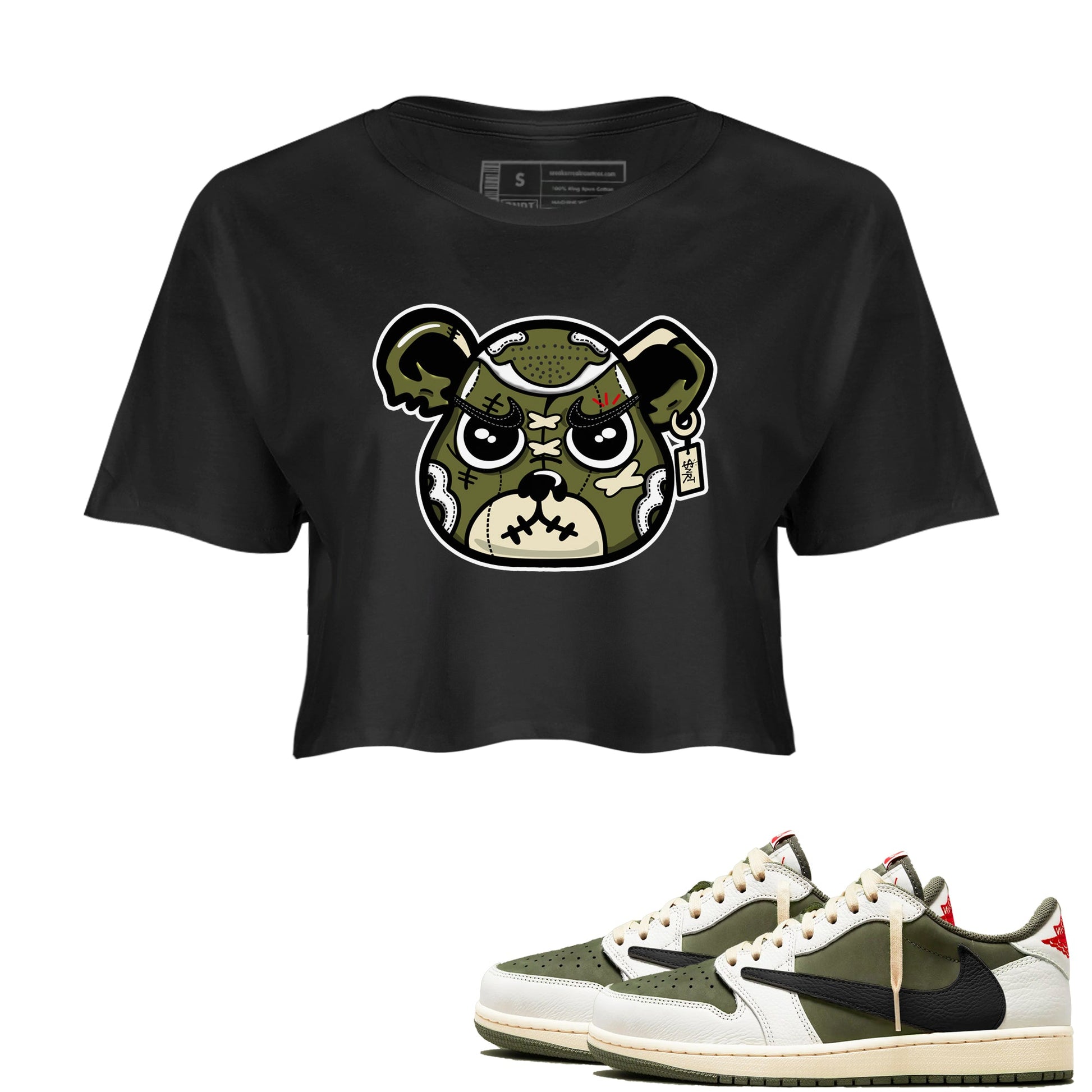 1s Travis Scott Medium Olive shirts to match jordans Sneaker Bear Face sneaker match tees Air Jordan 1 Travis Scott Medium Olive match shoes to clothes SNRT Sneaker Tees unisex cotton Black 1 crop tee