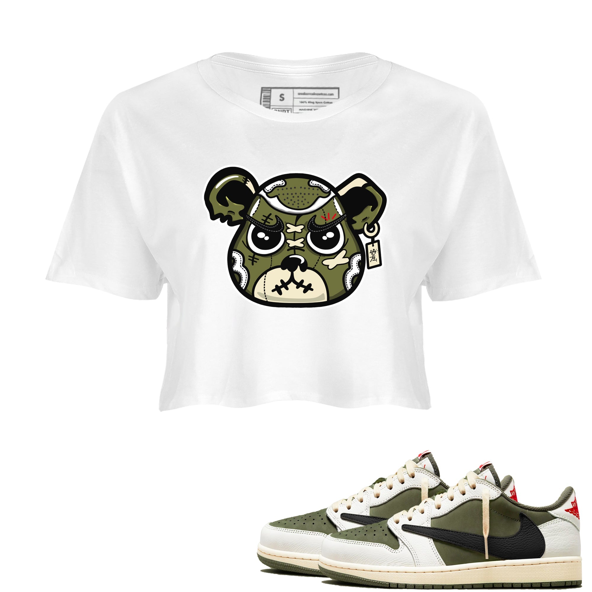 1s Travis Scott Medium Olive shirts to match jordans Sneaker Bear Face sneaker match tees Air Jordan 1 Travis Scott Medium Olive match shoes to clothes SNRT Sneaker Tees unisex cotton White 1 crop tee