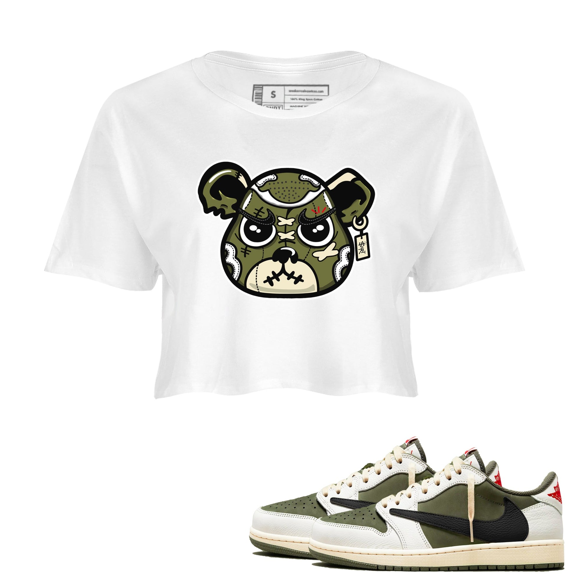 1s Travis Scott Medium Olive shirts to match jordans Sneaker Bear Face sneaker match tees Air Jordan 1 Travis Scott Medium Olive match shoes to clothes SNRT Sneaker Tees unisex cotton White 1 crop tee