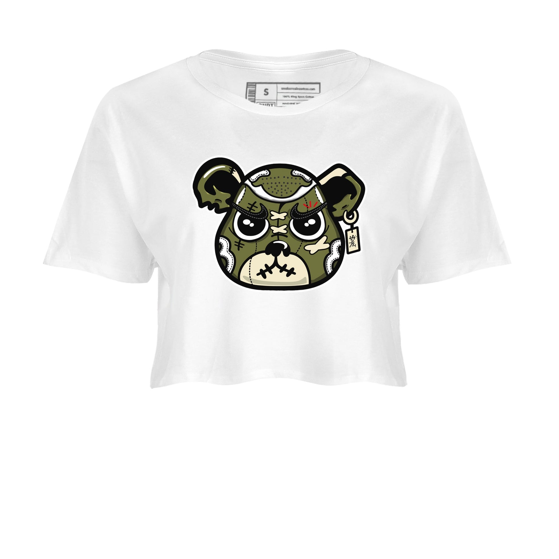 1s Travis Scott Medium Olive shirts to match jordans Sneaker Bear Face sneaker match tees Air Jordan 1 Travis Scott Medium Olive match shoes to clothes SNRT Sneaker Tees unisex cotton White 2 crop tee