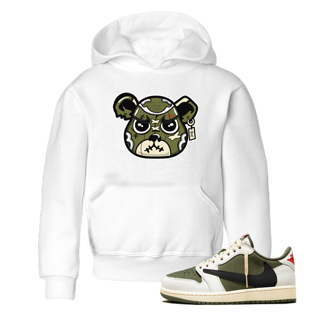 1s Travis Scott Medium Olive shirts to match jordans Sneaker Bear Face sneaker match tees Air Jordan 1 Travis Scott Medium Olive match shoes to clothes SNRT Sneaker Tees Youth Baby White 1 tee