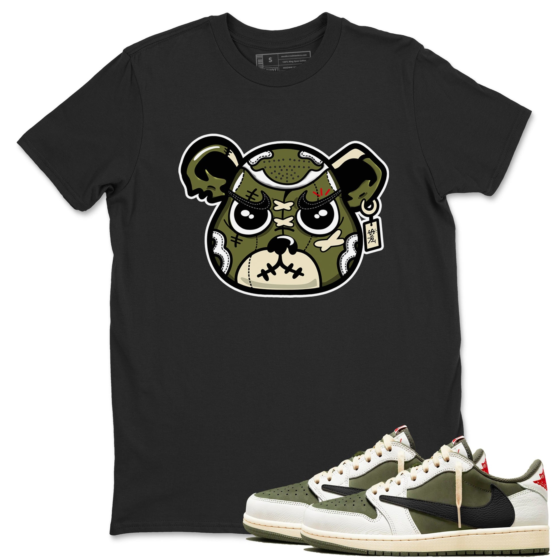 1s Travis Scott Medium Olive shirts to match jordans Sneaker Bear Face sneaker match tees Air Jordan 1 Travis Scott Medium Olive match shoes to clothes SNRT Sneaker Tees unisex cotton Black 1 shirts