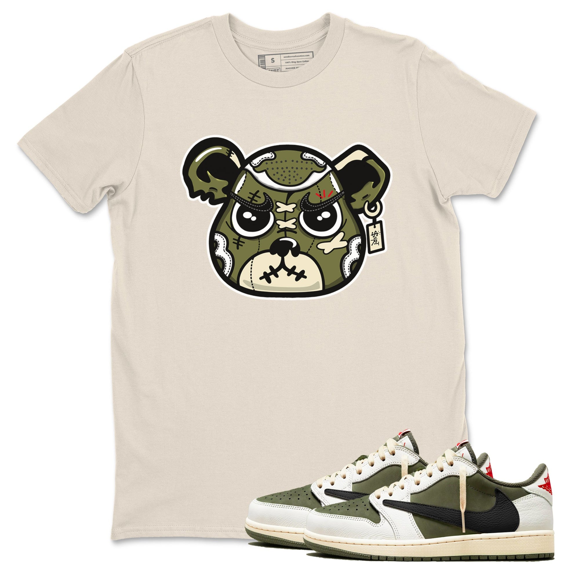 1s Travis Scott Medium Olive shirts to match jordans Sneaker Bear Face sneaker match tees Air Jordan 1 Travis Scott Medium Olive match shoes to clothes SNRT Sneaker Tees unisex cotton Natural 1 shirts