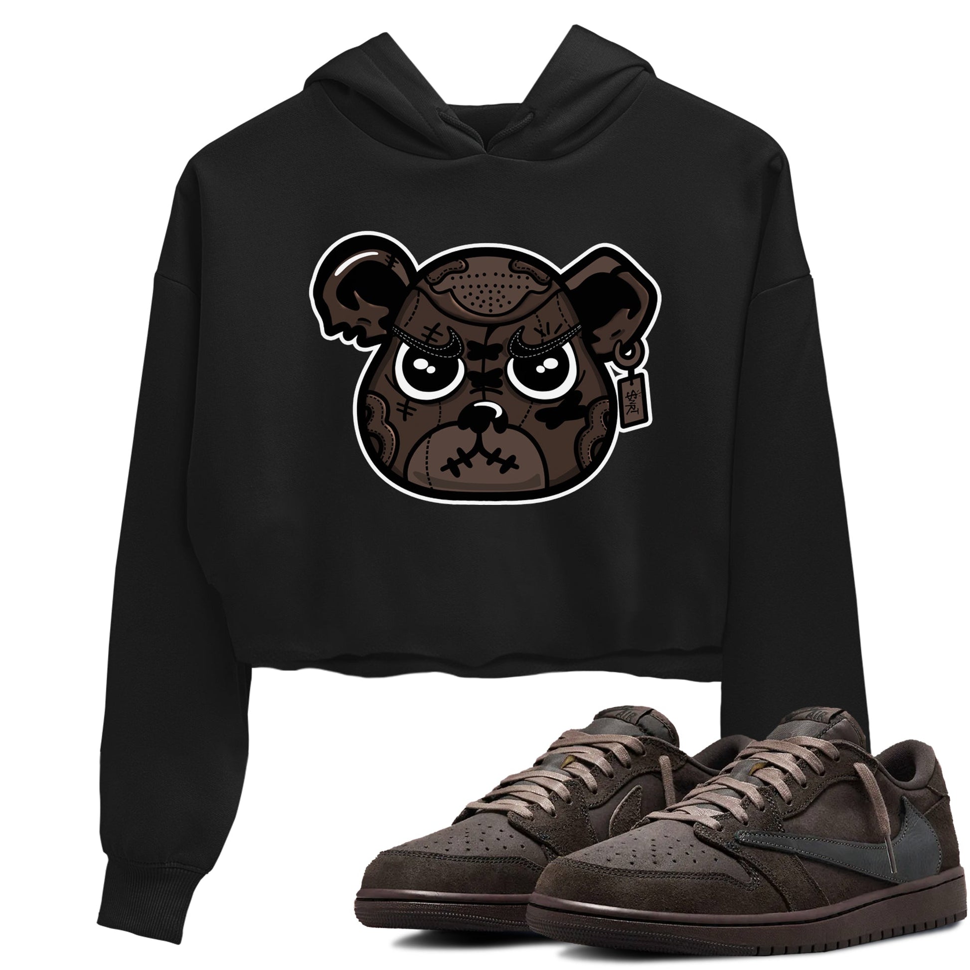 1s Travis Scott Velvet Brown shirts to match jordans Sneaker Bear Face best t shirts to wear with jordans Travis Scott x Air Jordan 1 Low OG Velvet Brown match shoes to clothes SNRT Sneaker Tees unisex cotton Black 1 crop tee