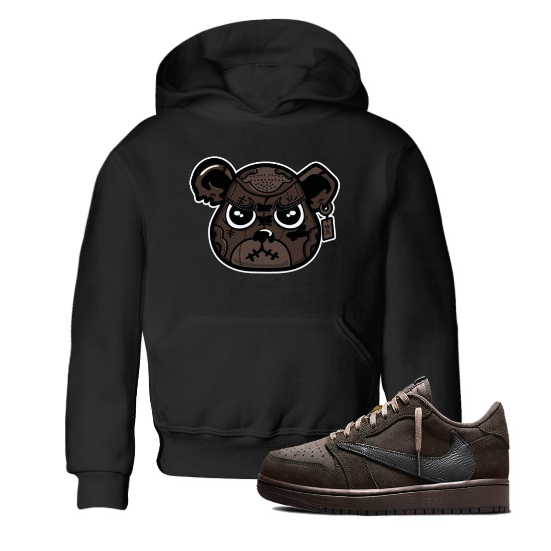 1s Travis Scott Velvet Brown shirts to match jordans Sneaker Bear Face best t shirts to wear with jordans Travis Scott x Air Jordan 1 Low OG Velvet Brown match shoes to clothes SNRT Sneaker Tees Youth Baby Black 1 tee