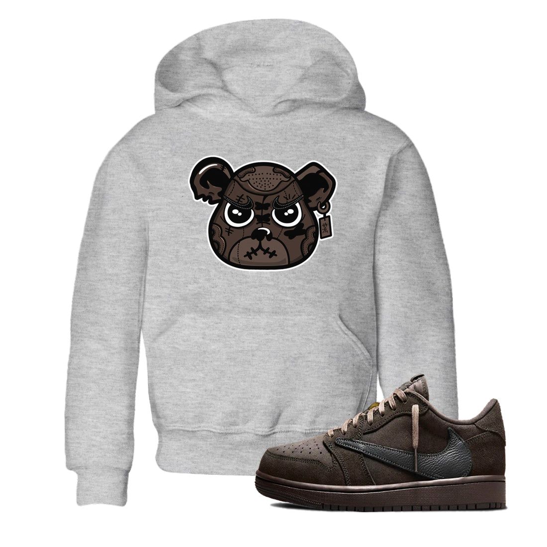 1s Travis Scott Velvet Brown shirts to match jordans Sneaker Bear Face best t shirts to wear with jordans Travis Scott x Air Jordan 1 Low OG Velvet Brown match shoes to clothes SNRT Sneaker Tees Youth Baby Heather Grey 1 tee
