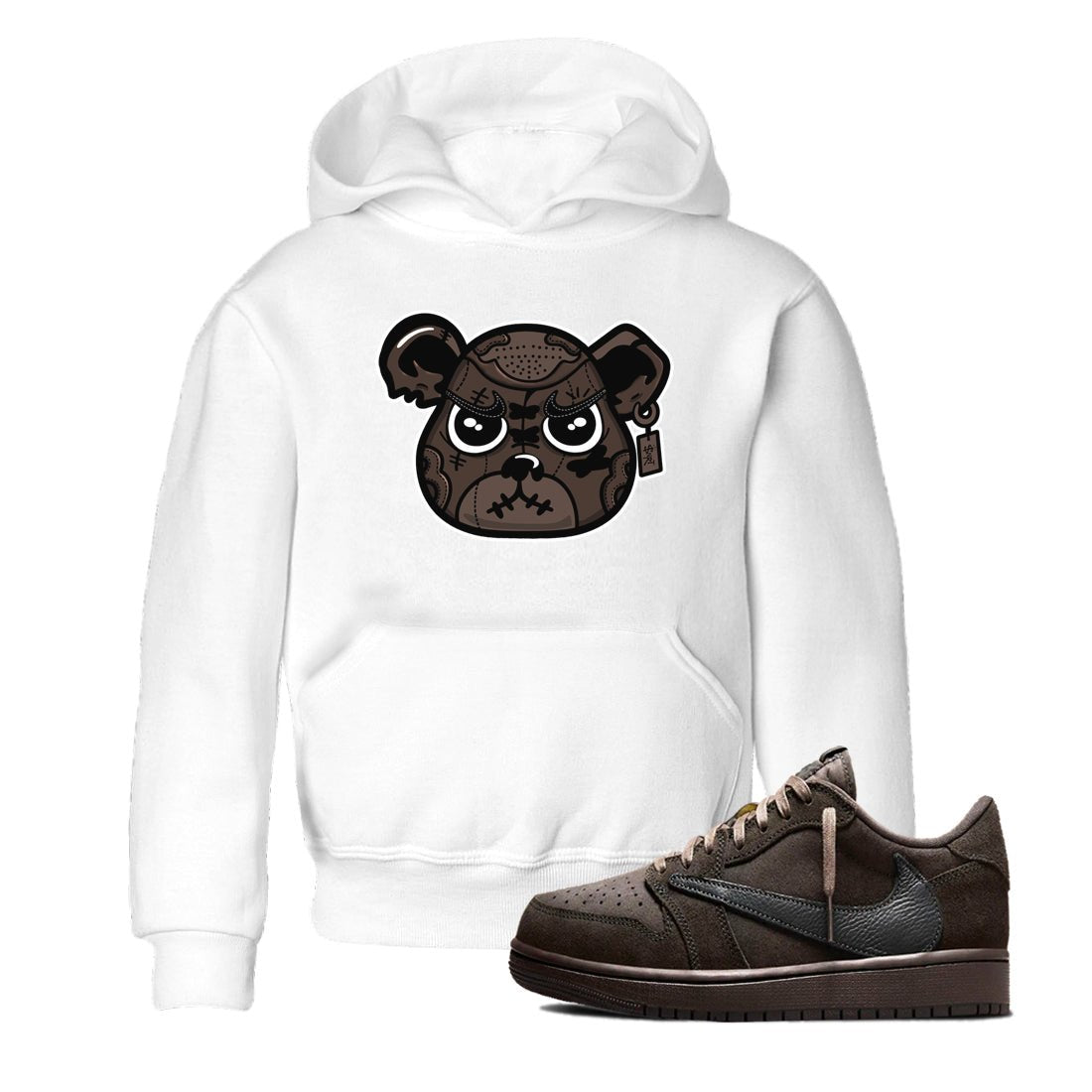 1s Travis Scott Velvet Brown shirts to match jordans Sneaker Bear Face best t shirts to wear with jordans Travis Scott x Air Jordan 1 Low OG Velvet Brown match shoes to clothes SNRT Sneaker Tees Youth Baby White 1 tee