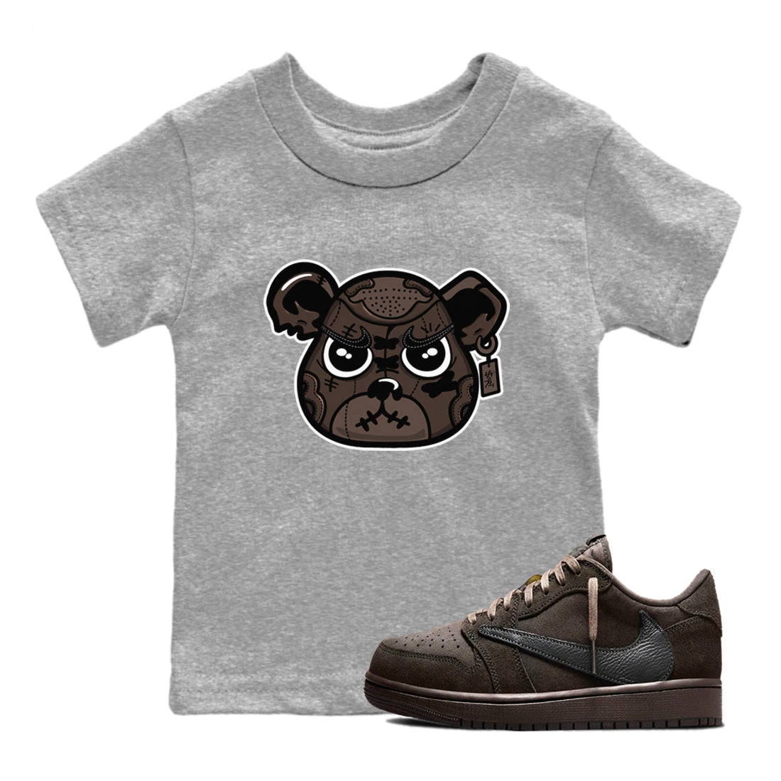 1s Travis Scott Velvet Brown shirts to match jordans Sneaker Bear Face best t shirts to wear with jordans Travis Scott x Air Jordan 1 Low OG Velvet Brown match shoes to clothes SNRT Sneaker Tees Youth Baby Heather Grey 1 tee