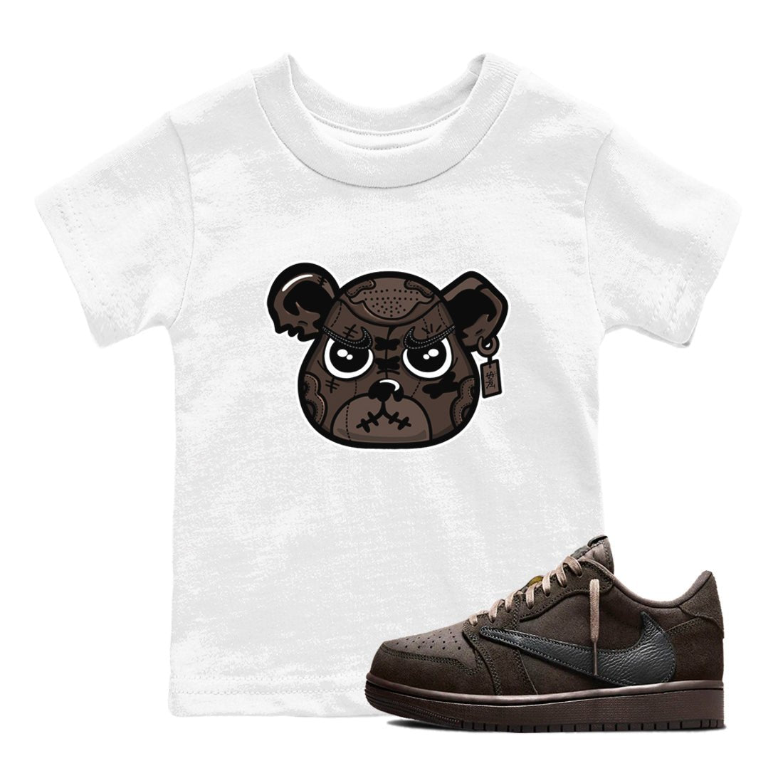 1s Travis Scott Velvet Brown shirts to match jordans Sneaker Bear Face best t shirts to wear with jordans Travis Scott x Air Jordan 1 Low OG Velvet Brown match shoes to clothes SNRT Sneaker Tees Youth Baby White 1 tee