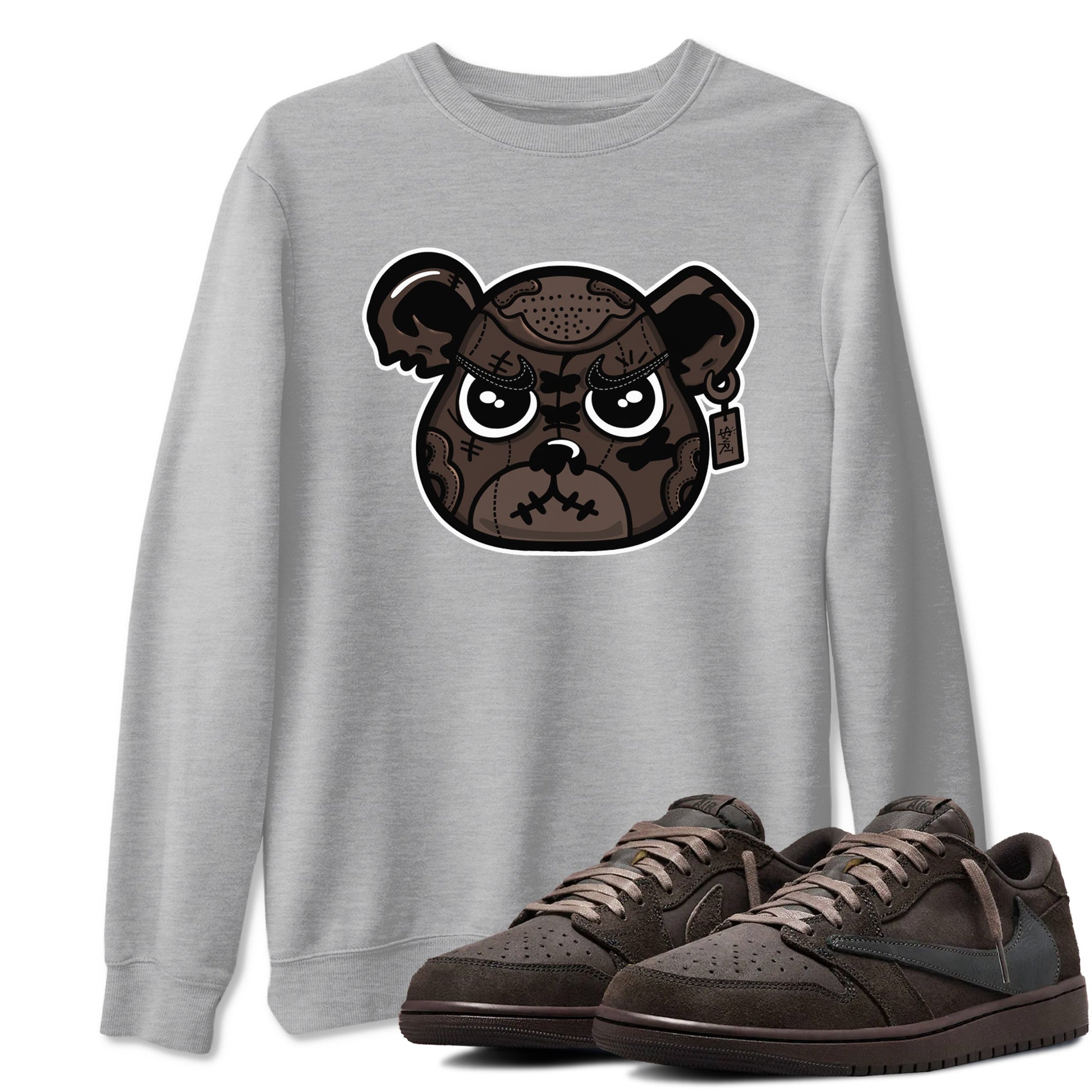 1s Travis Scott Velvet Brown shirts to match jordans Sneaker Bear Face best t shirts to wear with jordans Travis Scott x Air Jordan 1 Low OG Velvet Brown match shoes to clothes SNRT Sneaker Tees unisex cotton Heather Grey 1 shirts