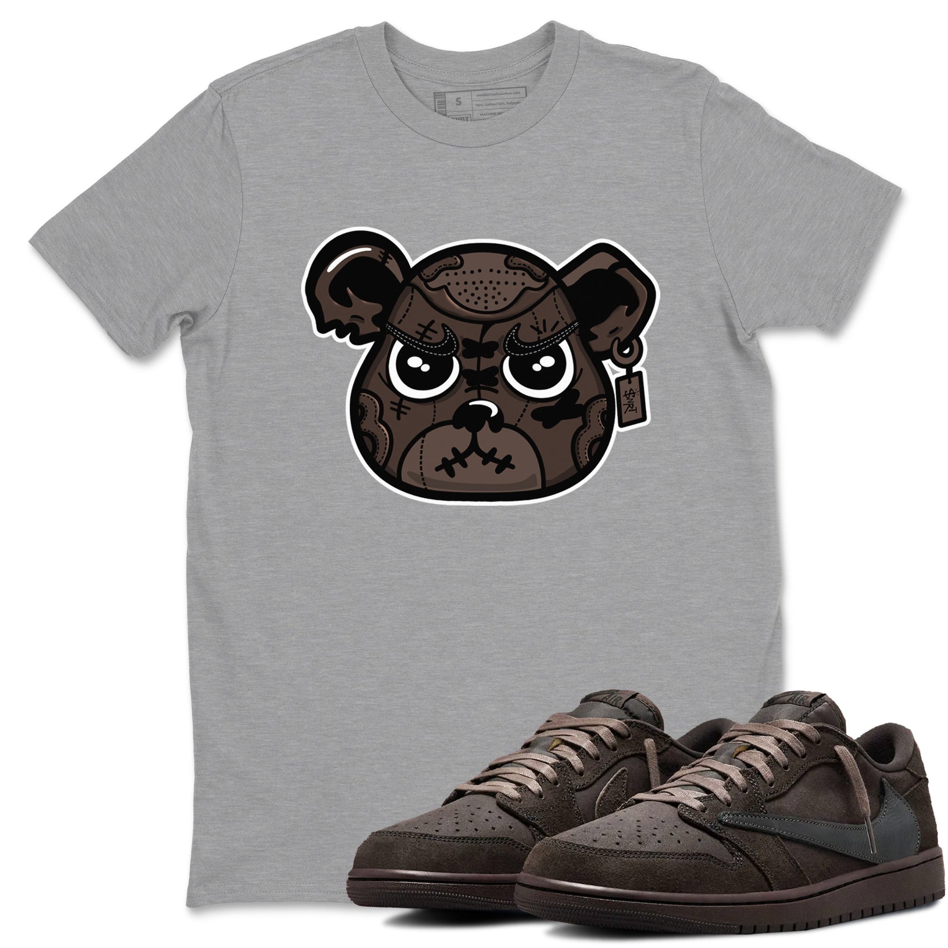 1s Travis Scott Velvet Brown shirts to match jordans Sneaker Bear Face best t shirts to wear with jordans Travis Scott x Air Jordan 1 Low OG Velvet Brown match shoes to clothes SNRT Sneaker Tees unisex cotton Heather Grey 1 shirts