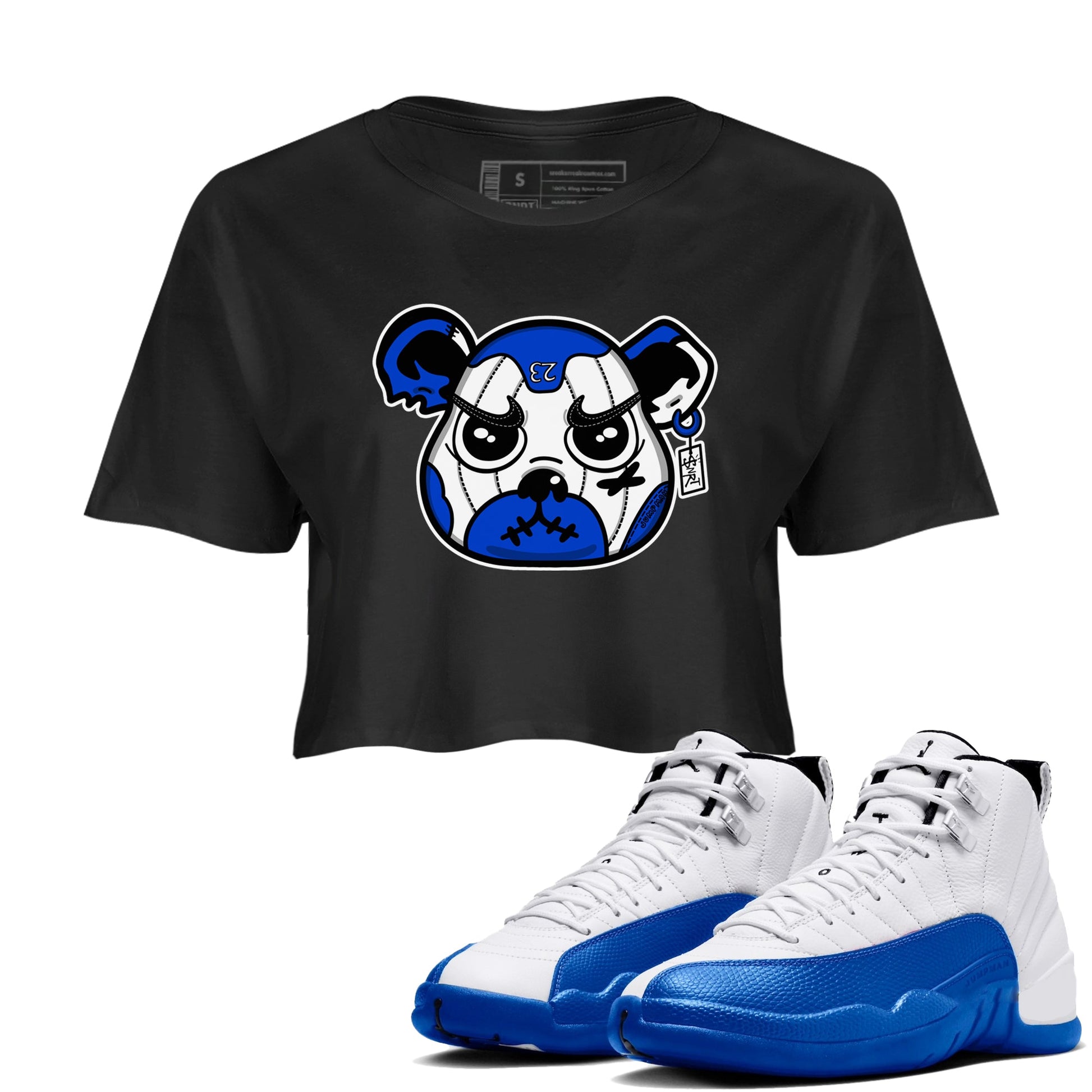12s Blueberry shirts to match jordans Sneaker Bear Face best t shirts to wear with jordans AJ12 White and Game Royal match shoes to clothes SNRT Sneaker Tees unisex cotton Black 1 crop tee