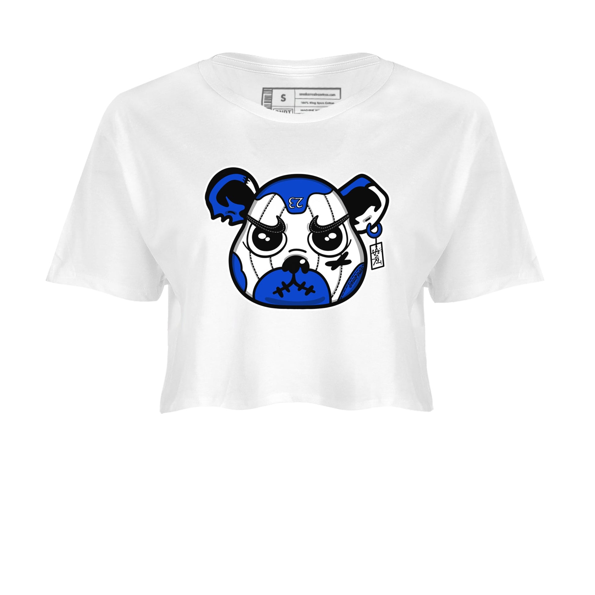 12s Blueberry shirts to match jordans Sneaker Bear Face best t shirts to wear with jordans AJ12 White and Game Royal match shoes to clothes SNRT Sneaker Tees unisex cotton White 2 crop tee