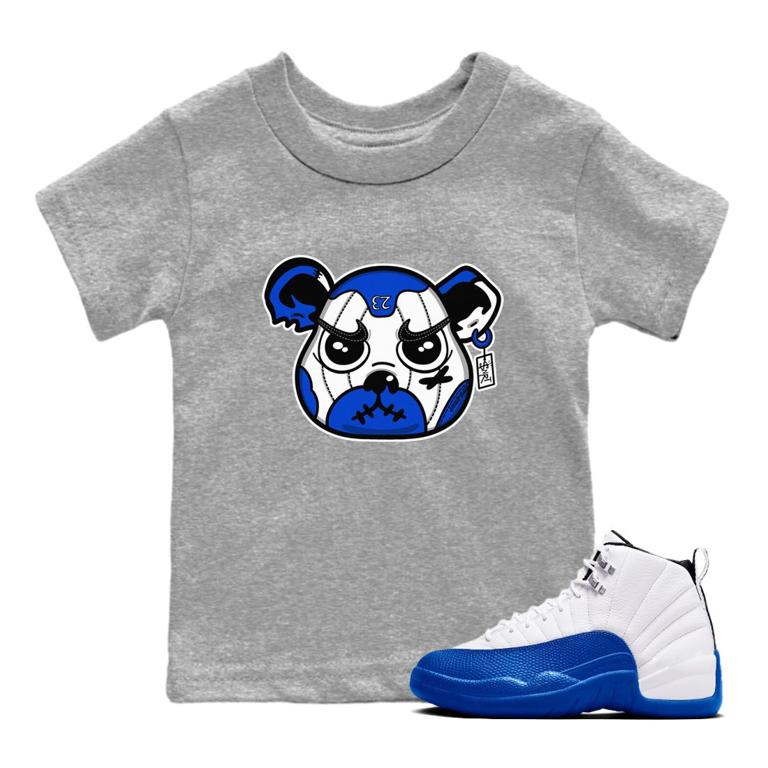 12s Blueberry shirts to match jordans Sneaker Bear Face best t shirts to wear with jordans AJ12 White and Game Royal match shoes to clothes SNRT Sneaker Tees Youth Baby Heather Grey 1 tee