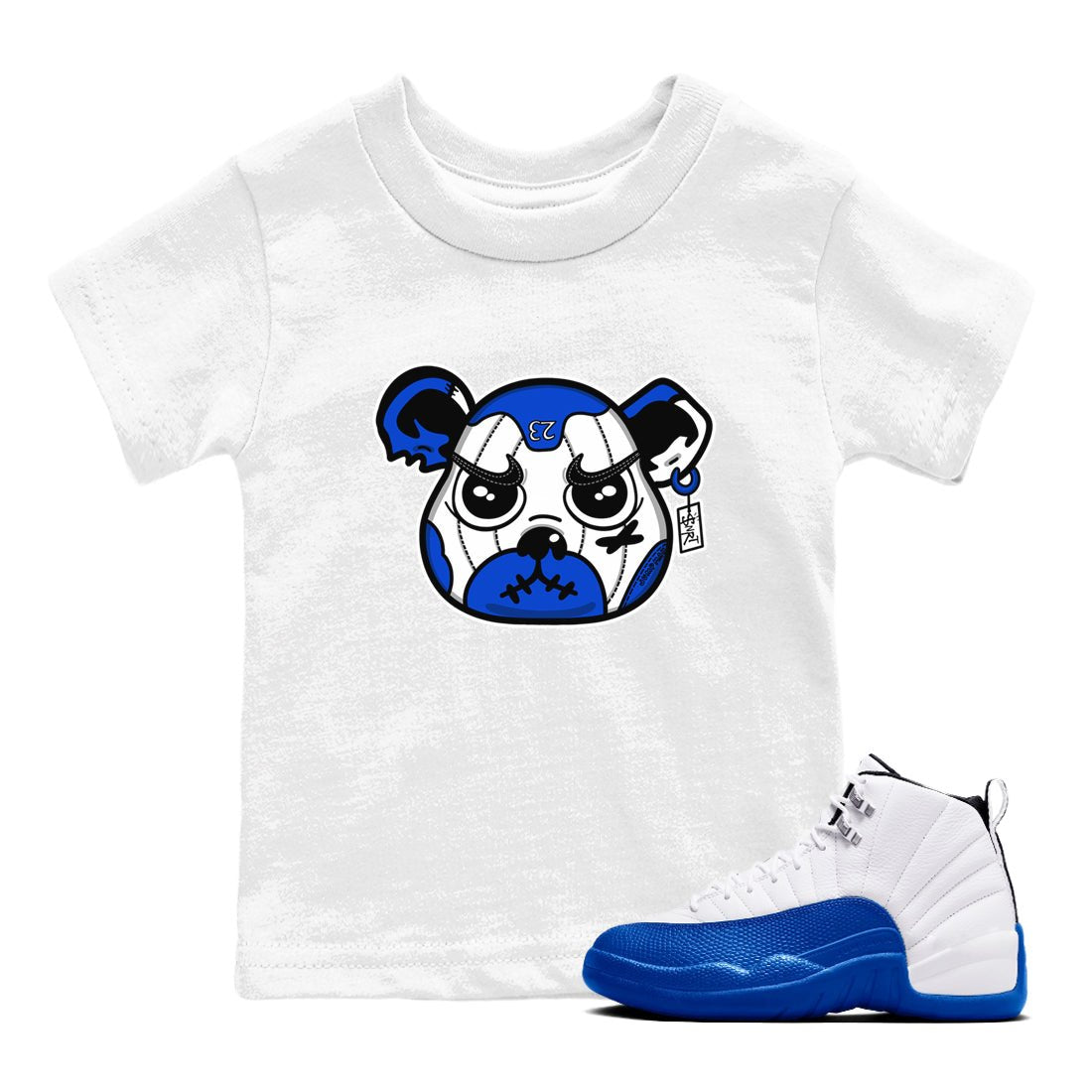 12s Blueberry shirts to match jordans Sneaker Bear Face best t shirts to wear with jordans AJ12 White and Game Royal match shoes to clothes SNRT Sneaker Tees Youth Baby White 1 tee