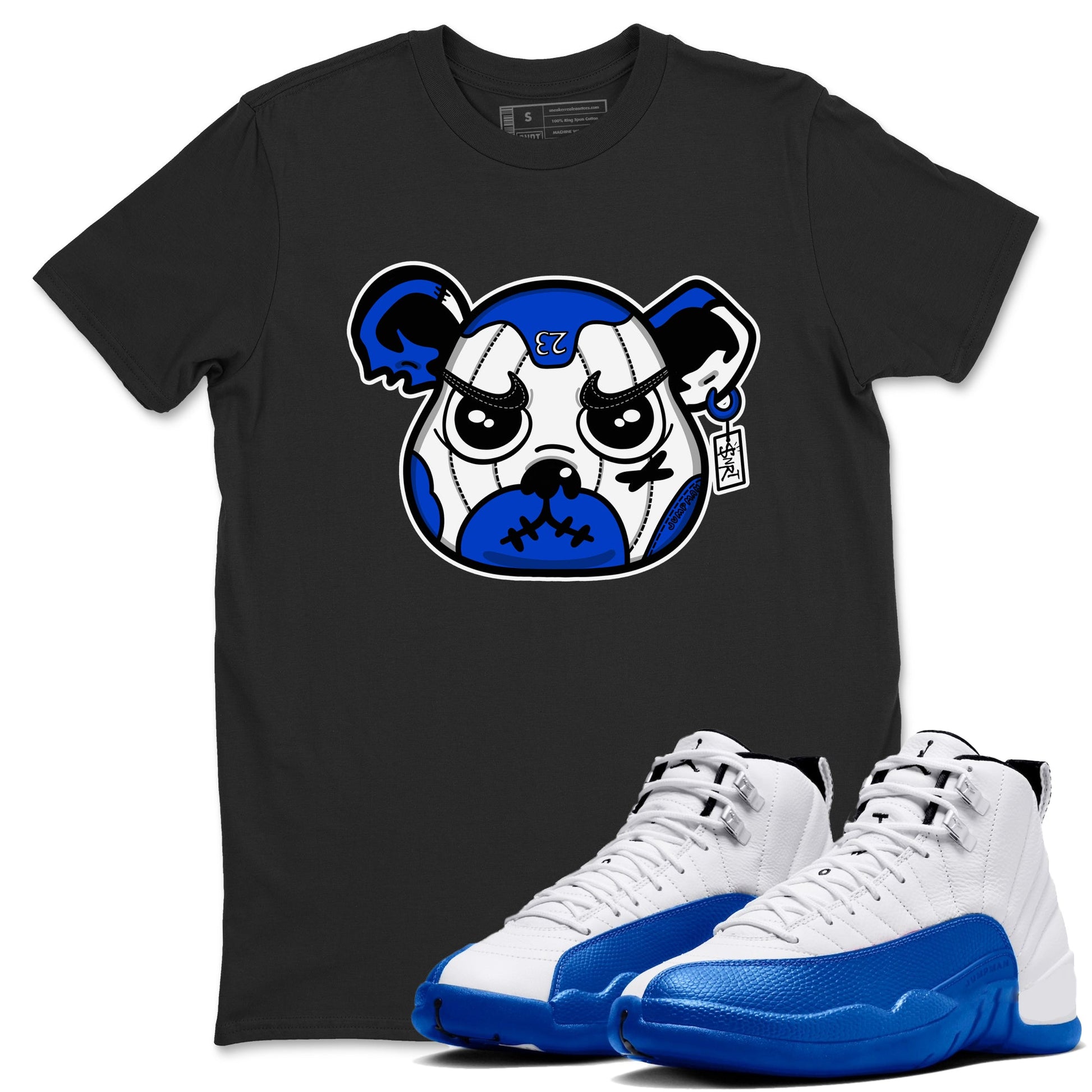 12s Blueberry shirts to match jordans Sneaker Bear Face best t shirts to wear with jordans AJ12 White and Game Royal match shoes to clothes SNRT Sneaker Tees unisex cotton Black 1 shirts