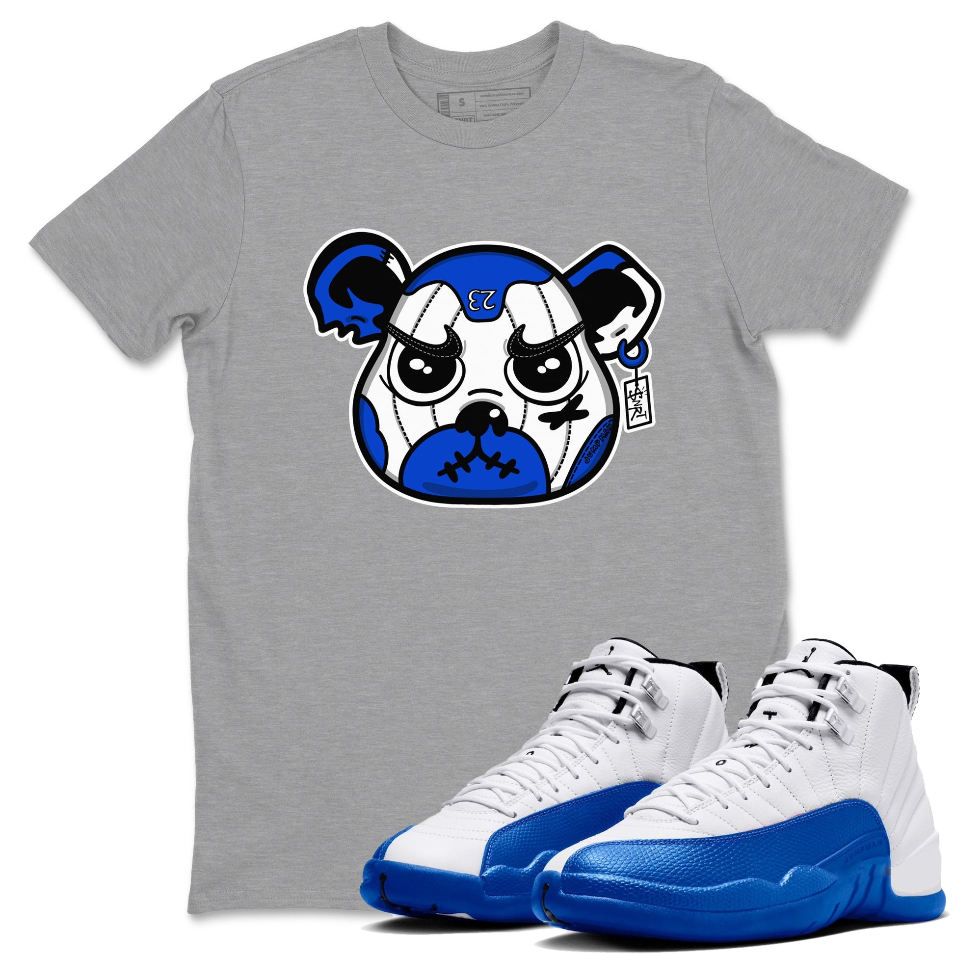 12s Blueberry shirts to match jordans Sneaker Bear Face best t shirts to wear with jordans AJ12 White and Game Royal match shoes to clothes SNRT Sneaker Tees unisex cotton Heather Grey 1 shirts