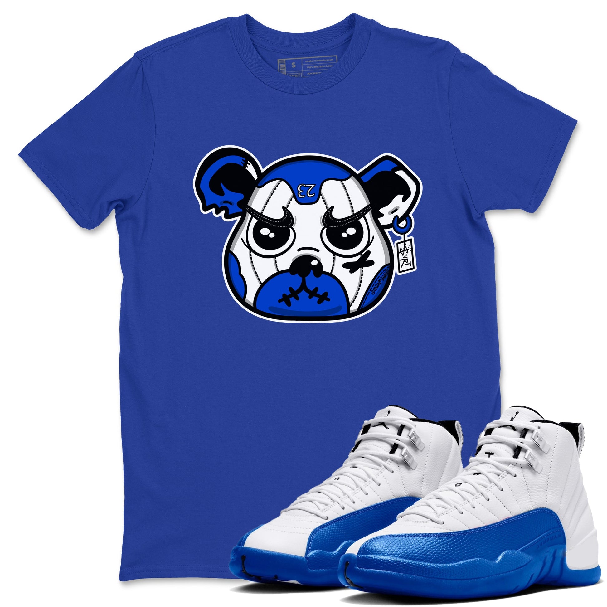 12s Blueberry shirts to match jordans Sneaker Bear Face best t shirts to wear with jordans AJ12 White and Game Royal match shoes to clothes SNRT Sneaker Tees unisex cotton Royal Blue 1 shirts