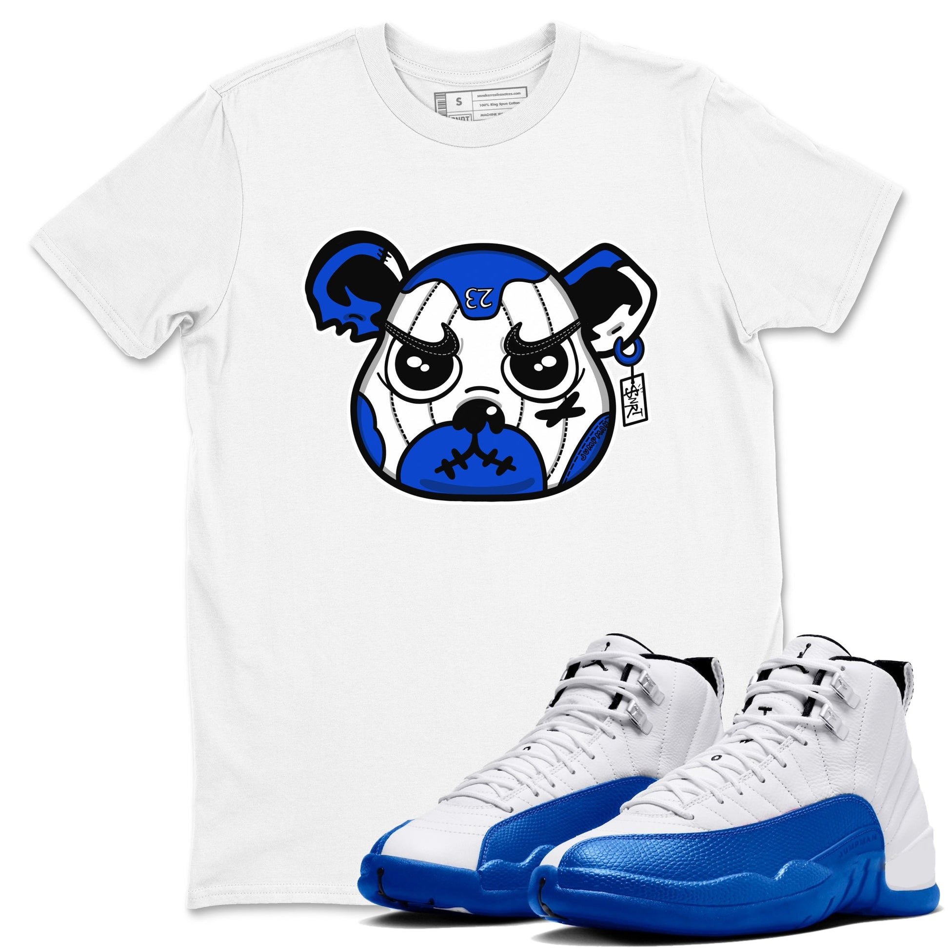 12s Blueberry shirts to match jordans Sneaker Bear Face best t shirts to wear with jordans AJ12 White and Game Royal match shoes to clothes SNRT Sneaker Tees unisex cotton White 1 shirts